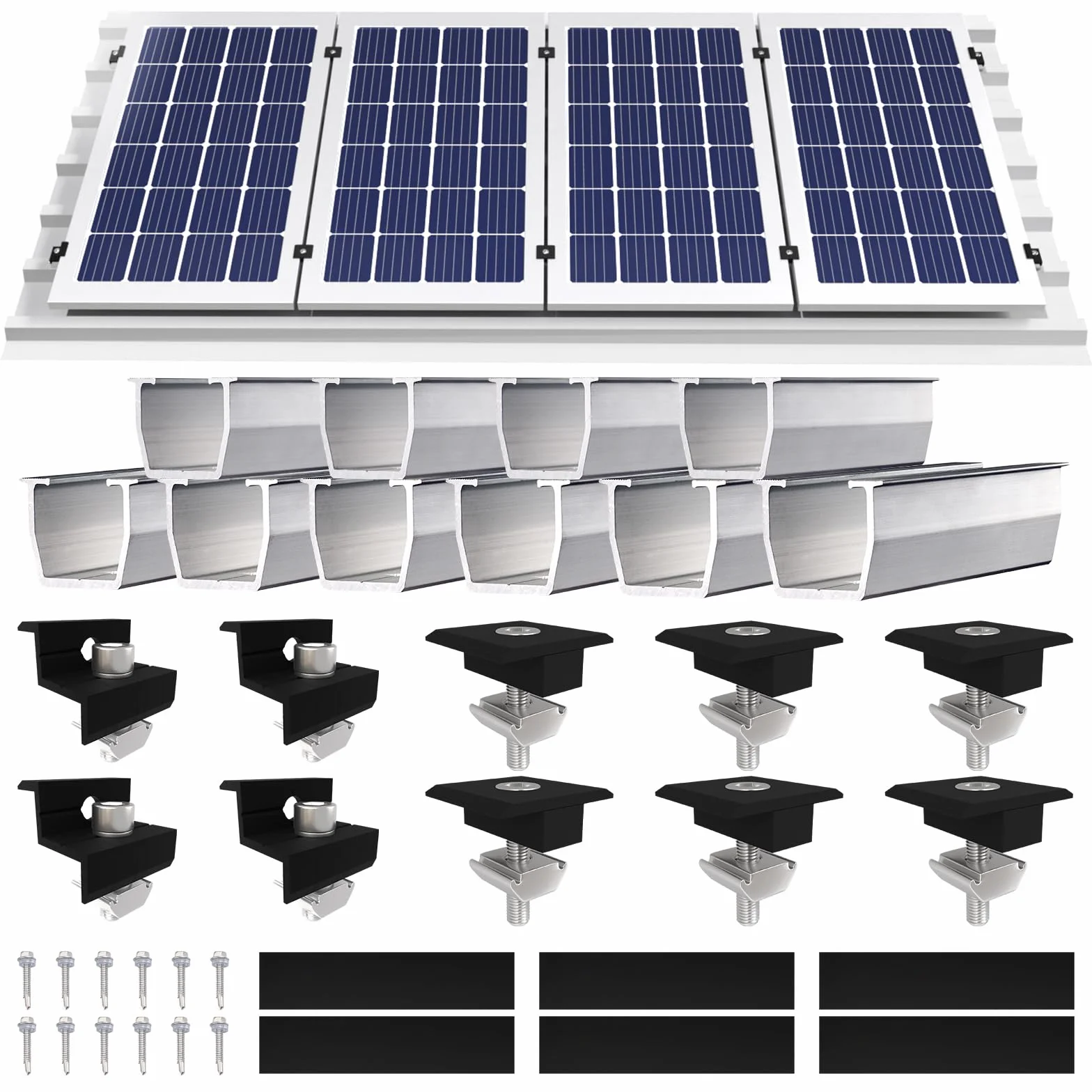 Uchwyt modułu solarnego, mocowanie modułu solarnego, uchwyt modułu PV, uchwyt modułu solarnego na płaski dach, mocowanie fotowoltaiczne na bitumie, zestaw montażowy dla 4 modułów PV