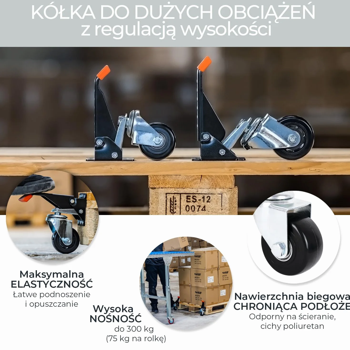 HMF 6750 kółka do dużych obciążeń, opuszczane, do stołu warsztatowego, 4 sztuki, 76 mm, do 400 kg, czarne