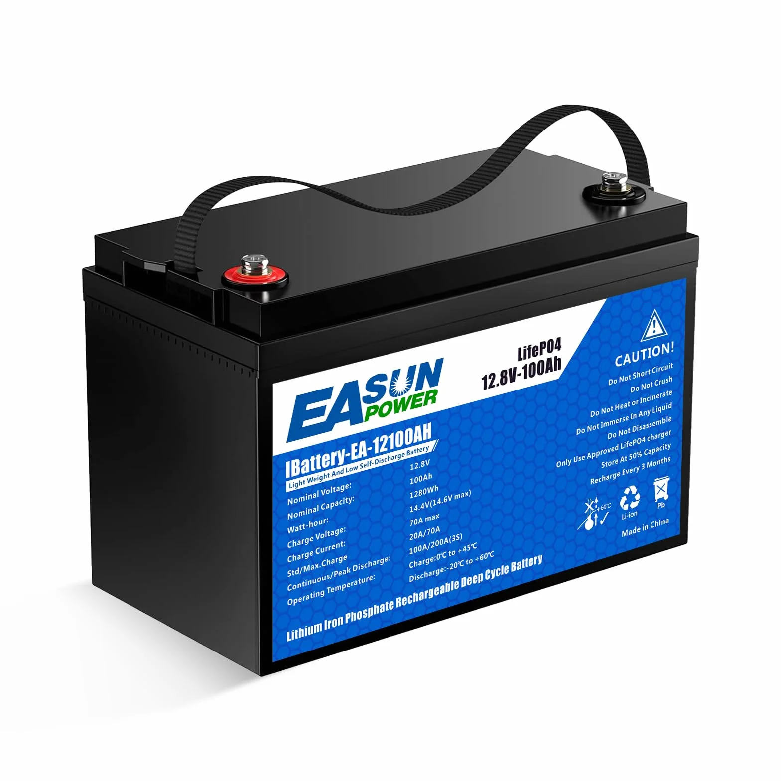 POWLAND Akumulator LiFePO4 12 V 100 Ah o głębokości ponad 6000 cykli, bateria litowa 12 V i ochrona BMS, idealny do morskich, panelu fotowoltaicznego, domu (12V 100A)