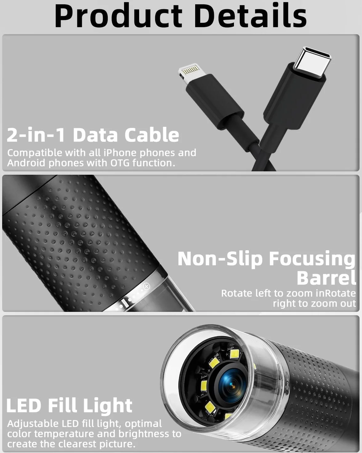 Mikroskop USB, 1080p HD, kompatybilny z iOS, Android, tabletem, przenośny mikroskop kieszonkowy od 10 do 200x, 3-stopniowa regulacja LED, mikroskop cyfrowy, przenośny mikroskop dla dorosłych i dzieci