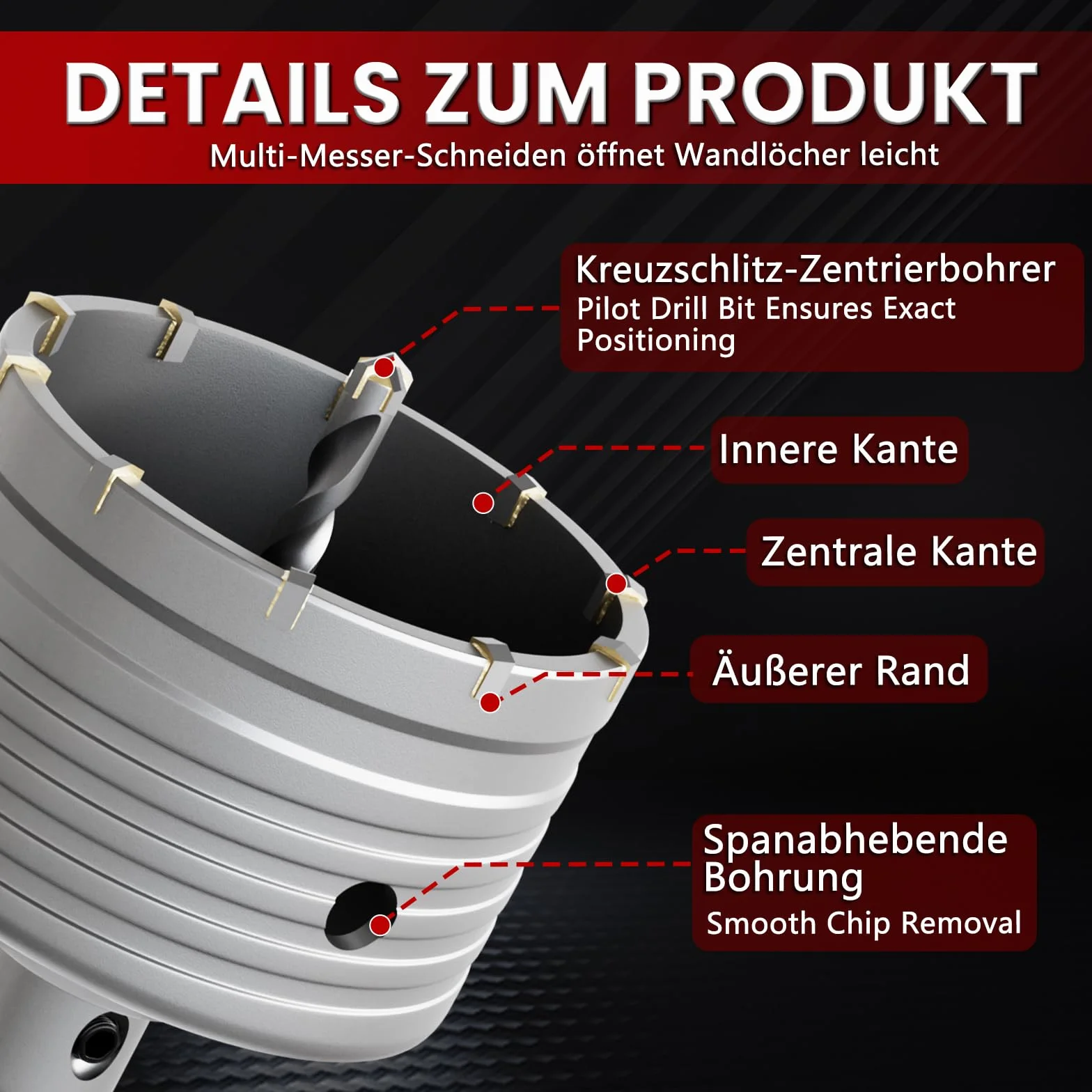 CSOOM Otwornica do betonu 90 mm z drążkiem przedłużającym SDS-Plus 110 mm, zestaw otwornic do betonu, 4 x 8 x 110 mm, końcówka z twardego metalu, 2 wiertła centrujące