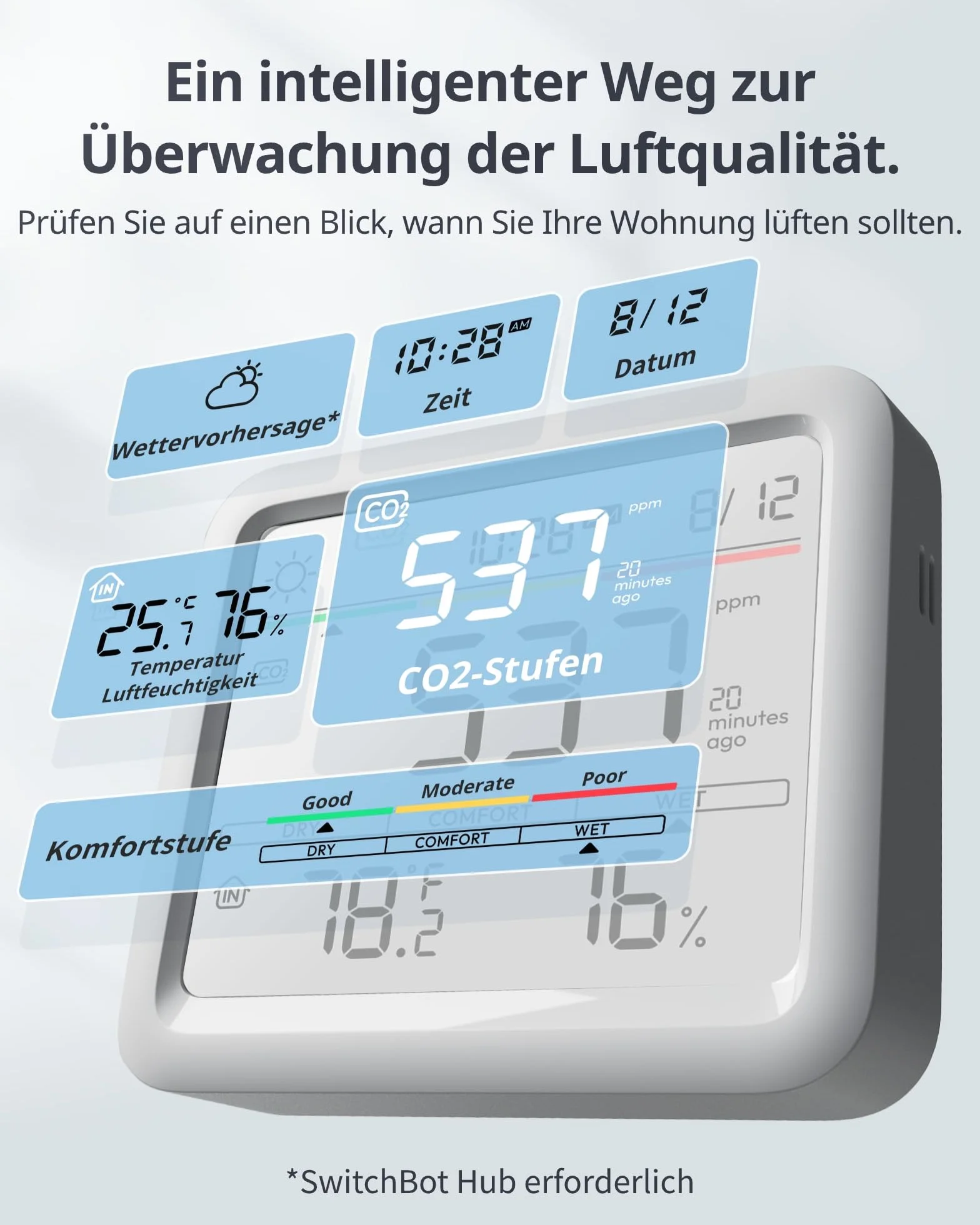 SwitchBot Czujnik CO2 Bluetooth Con IP65, miernik CO2 z termometrem i higrometrem wewnątrz, miernik jakości powietrza z alarmem CO2, Bluetooth CO2 z aplikacją, 2 lata przechowywania danych