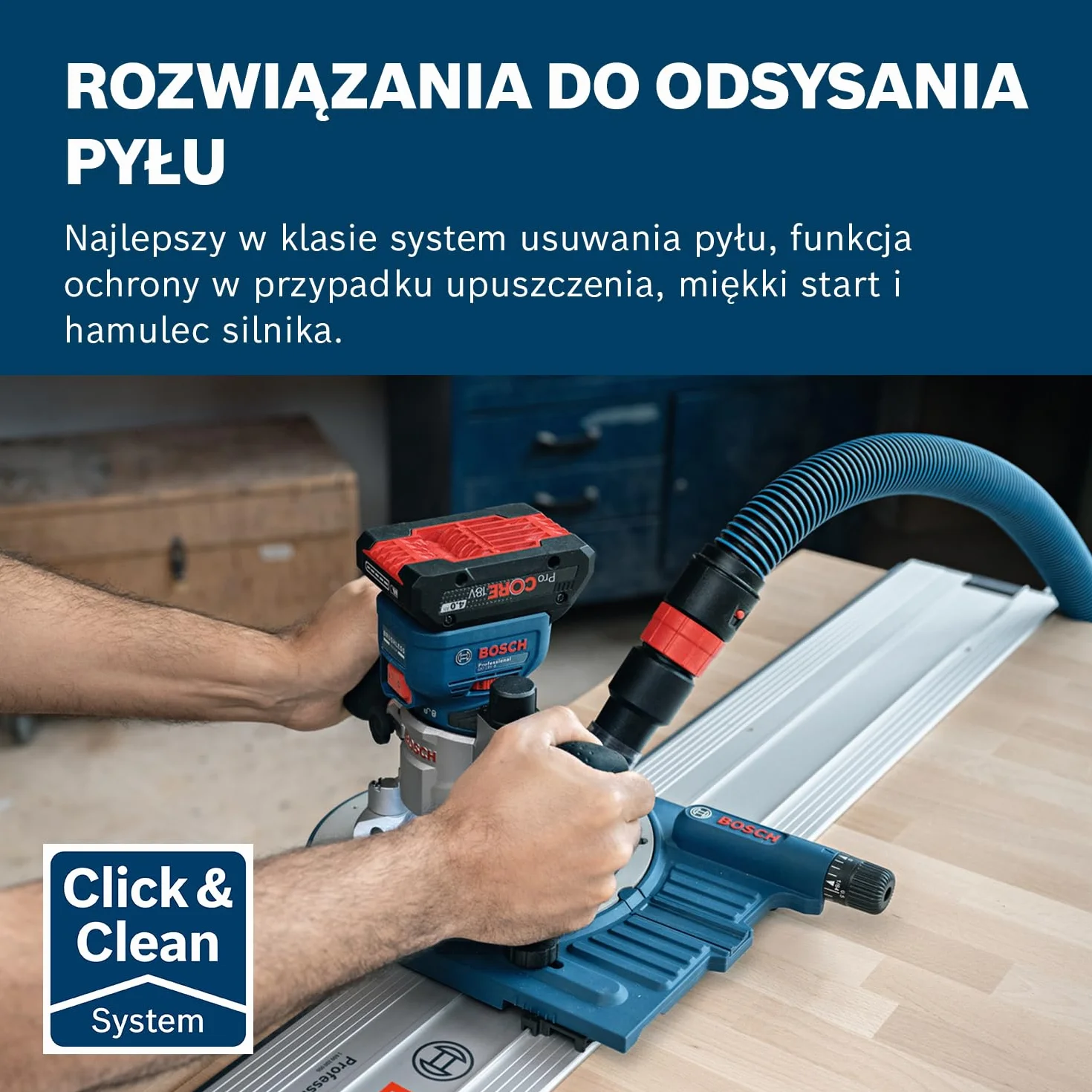 System prof. 18 V firmy Bosch: frezarka akum. GKF 18V-8 (prow. równ., 2 adaptery do ods. pyłu – frez., osł. przeciwodpr., tuleja zac. 8 mm, klucz, moduł górnowrz. TE, wal. L-BOXX, bez akum./ład.)