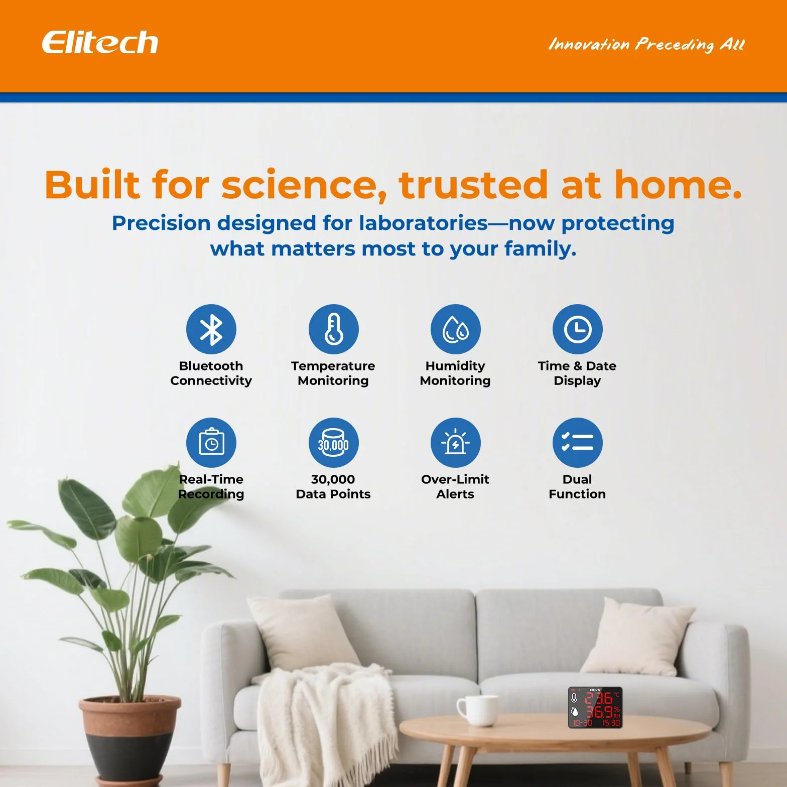 Elitech Cyfrowy termometr z higrometrem z podwójną sondą zewnętrzną 2x2m, rejestrator Bluetooth 30000 punktów, duży ekran do magazynu szklarni laboratoryjnej, DR-230-THDE