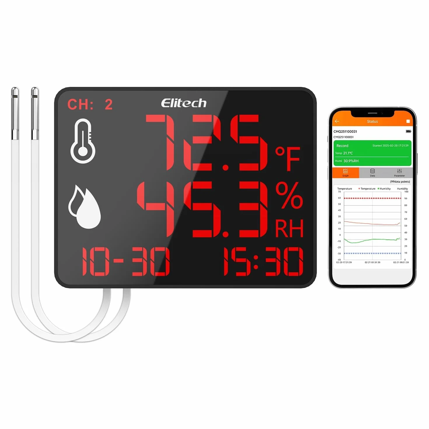 Elitech Cyfrowy termometr z higrometrem z podwójną sondą zewnętrzną 2x2m, rejestrator Bluetooth 30000 punktów, duży ekran do magazynu szklarni laboratoryjnej, DR-230-THDE