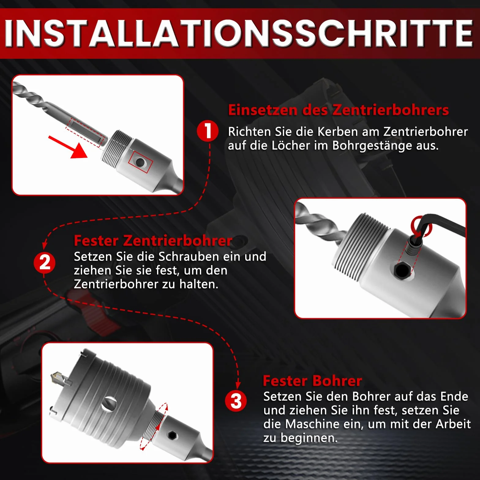 CSOOM Otwornica do betonu 90 mm z drążkiem przedłużającym SDS-Plus 110 mm, zestaw otwornic do betonu, 4 x 8 x 110 mm, końcówka z twardego metalu, 2 wiertła centrujące