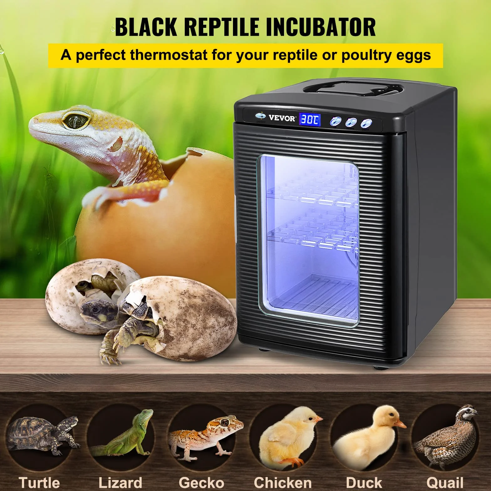 VEVOR Inkubator do jaj gadów o pojemności 25 l, 5-60°C, wyświetlacz LED, inkubator, laboratorium, chłodzenie, ogrzewanie 220 V, do jaj wylęgowych, kolor czarny