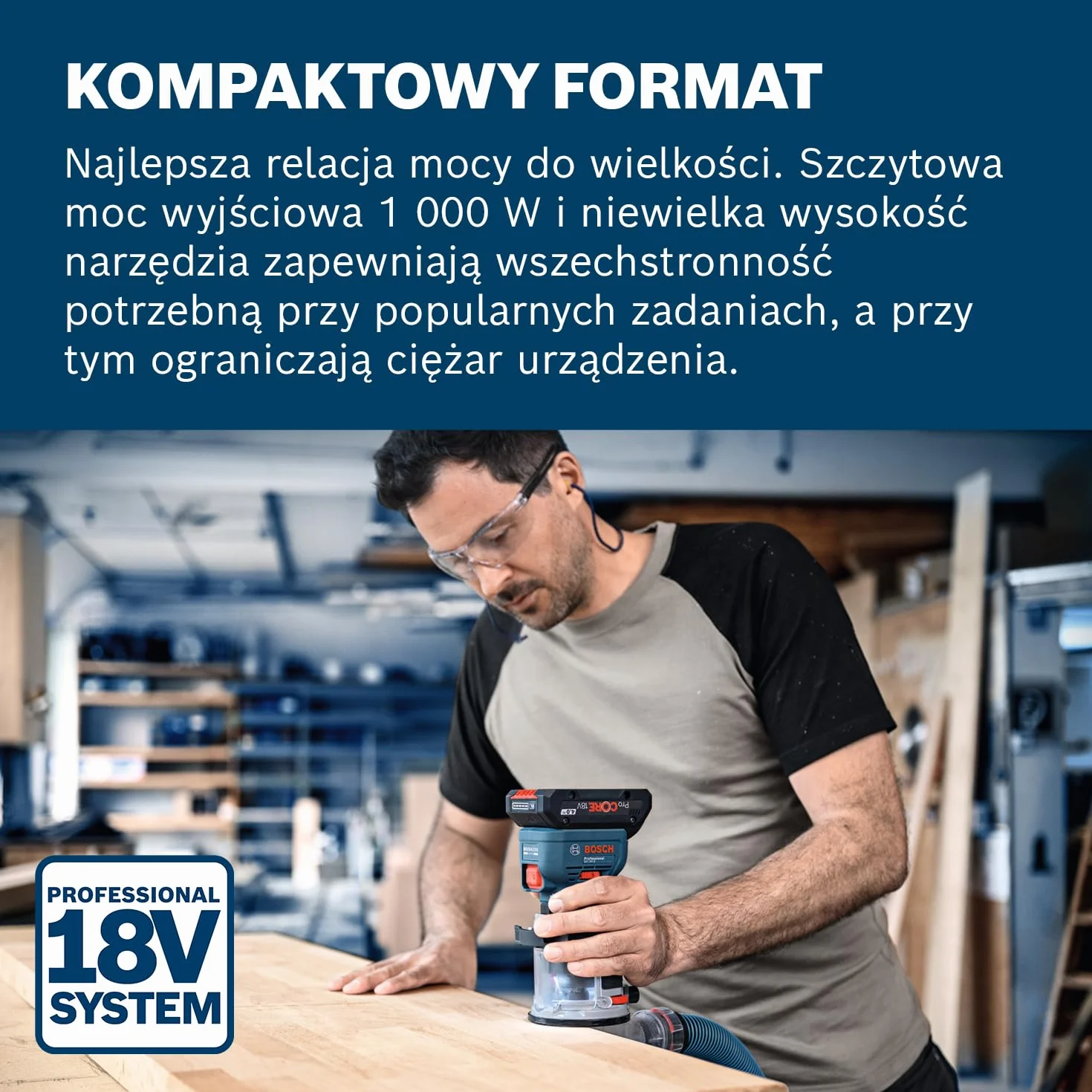 System prof. 18 V firmy Bosch: frezarka akum. GKF 18V-8 (prow. równ., 2 adaptery do ods. pyłu – frez., osł. przeciwodpr., tuleja zac. 8 mm, klucz, moduł górnowrz. TE, wal. L-BOXX, bez akum./ład.)