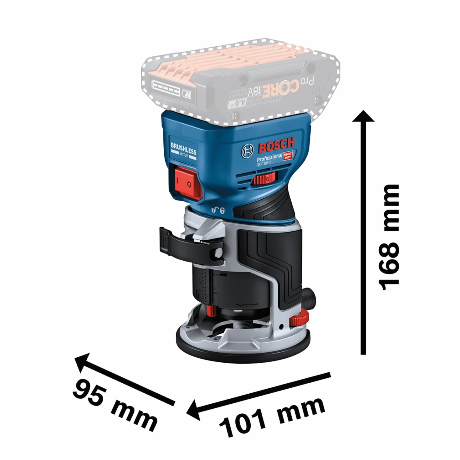 System prof. 18 V firmy Bosch: frezarka akum. GKF 18V-8 (prow. równ., 2 adaptery do ods. pyłu – frez., osł. przeciwodpr., tuleja zac. 8 mm, klucz, moduł górnowrz. TE, wal. L-BOXX, bez akum./ład.)