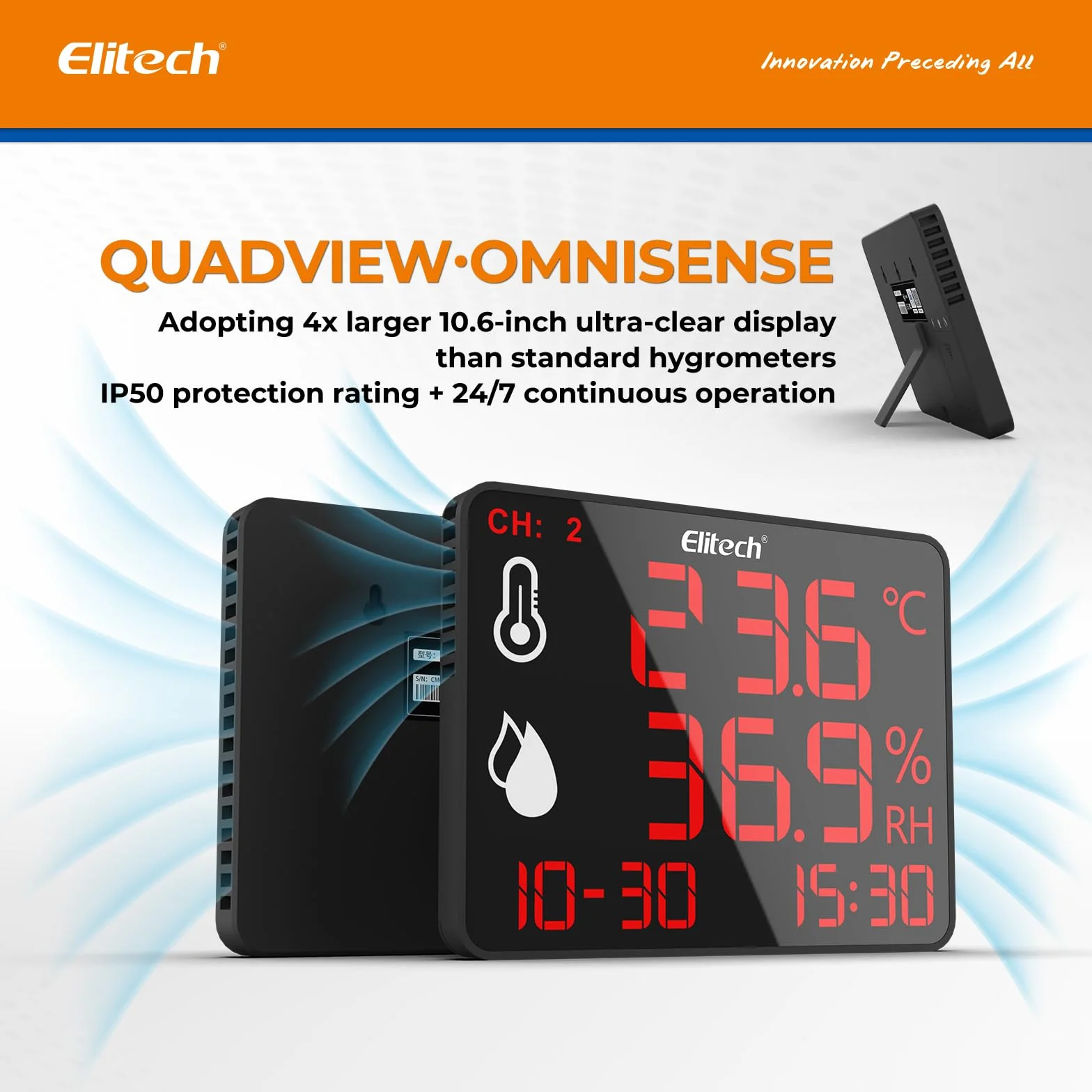 Elitech Cyfrowy termometr z higrometrem z podwójną sondą zewnętrzną 2x2m, rejestrator Bluetooth 30000 punktów, duży ekran do magazynu szklarni laboratoryjnej, DR-230-THDE
