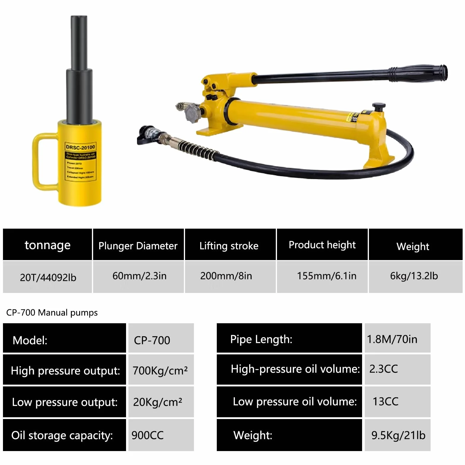 Podnośnik do podnoszenia 20 ton, podnośnik przenośny, podnośnik hydrauliczny wielosekcyjny, zestaw podnośników budowlanych, podnośnik hydrauliczny z cylindrem 8 cali/skokiem 200 mm i pompą ręczną CP