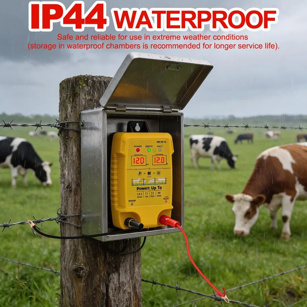 Urządzenie ogrodzeniowe 12 V, ogrodzenie elektryczne z wyświetlaczem LED, alarm, 1,5-3 J, elektryczne urządzenie do ochrony zwierząt gospodarskich, zasięg 12 km, zwierzęta domowe, drobi