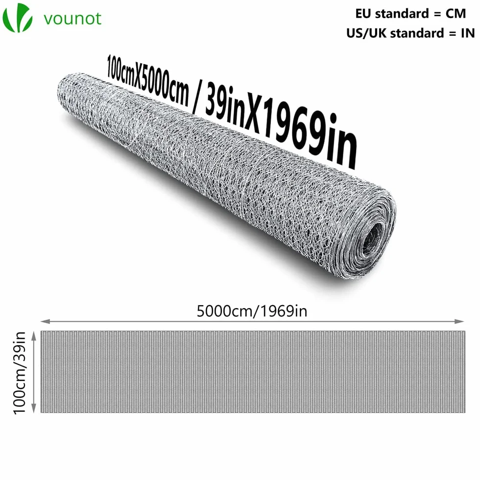 VOUNOT Sześciokątne ogrodzenie z siatki drucianej, ogrodzenie z drutu króliczego z drutu z kurczaka, rozmiar oczek 25 mm, wysokość 100 cm, długość 50 m, ocynkowane srebro