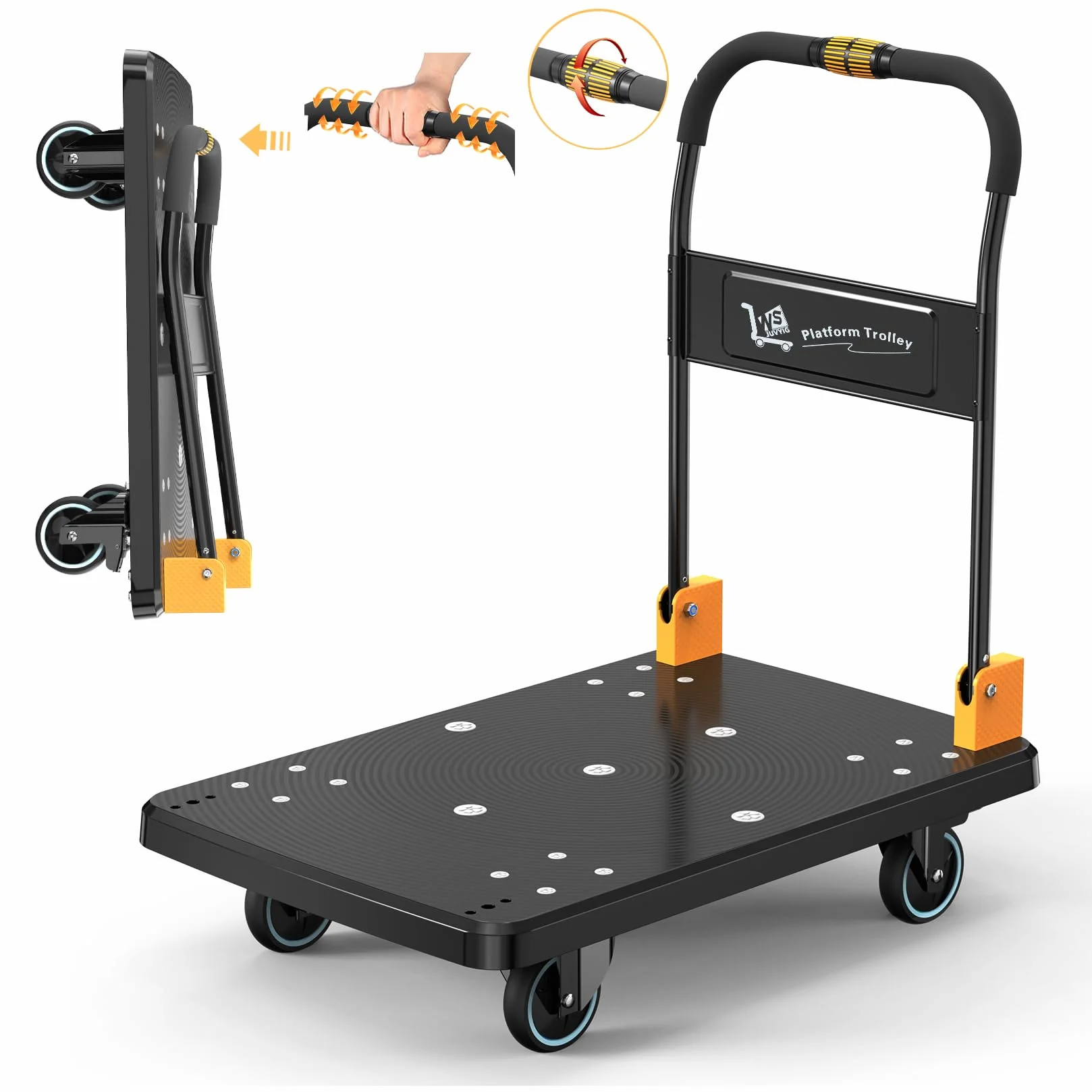 N&S Juvyig Wózek transportowy, składany jedną ręką, wózek platformowy, 200 kg, cichy wózek (żółty, mały rozmiar)