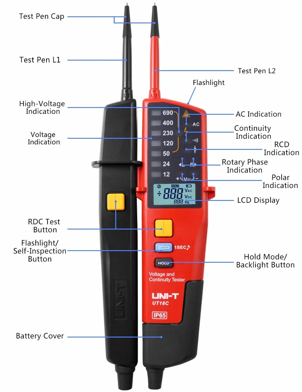 UNI-T UT18C Tester napięcia i ciągłości - Cyfrowy LCD Tester Automatyczne wykrywanie napięcia Zakres Zakres z wyświetlaczem LED