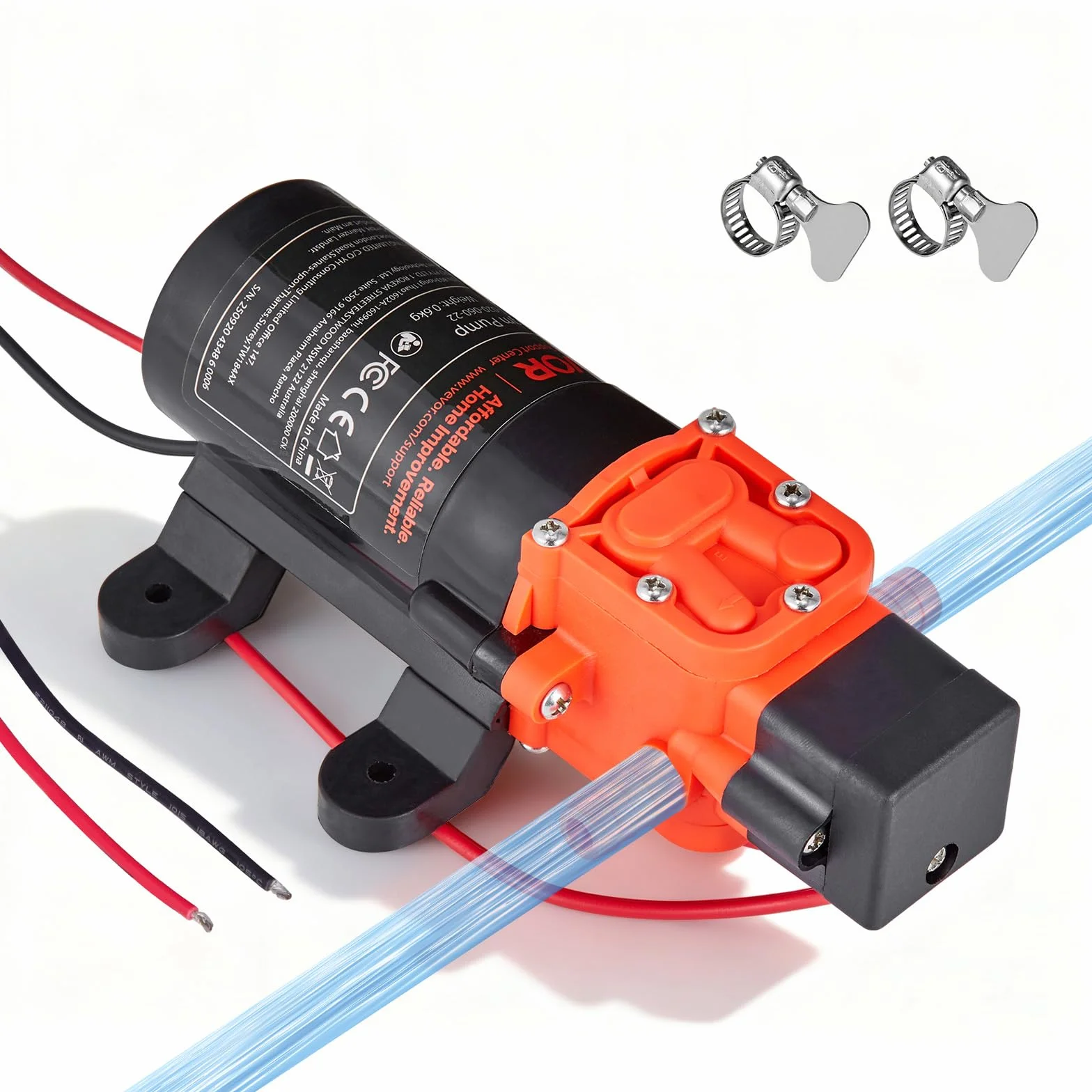 VEVOR Pompa membranowa, 12 V DC, 4,5 l/min, samozasysająca, 2-komorowa, membranowa pompa wodna z 2 zaciskami do węża, maks. ciśnienie 5,5 bar, cicha praca, do przyczep kempingowych, łodzi, nawadniania