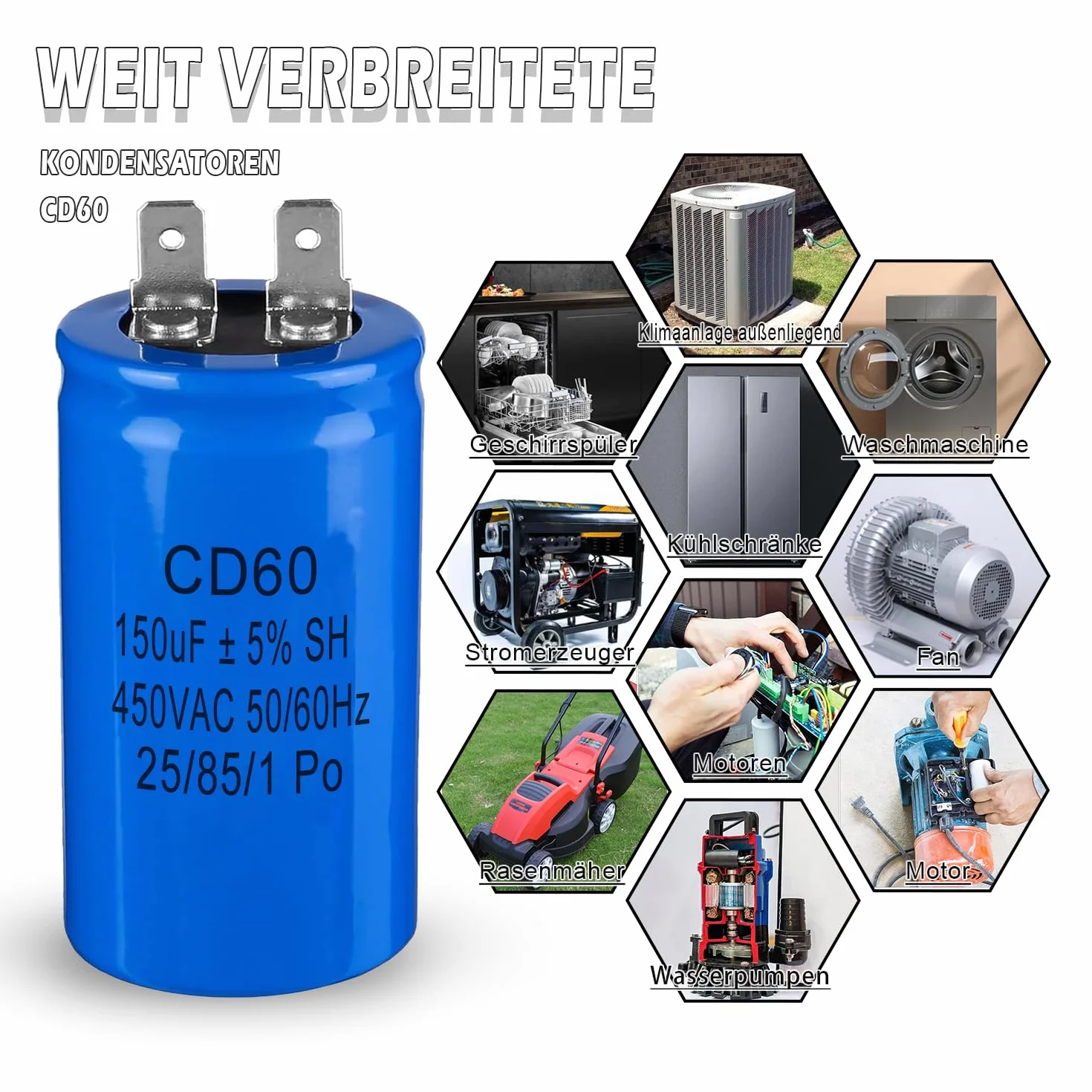 Iruihoo CD60 kondensator silnikowy 150µF 450 V kondensator 50/60 Hz kondensator rozruchowy 150UF wtyczka do silnika elektrycznego