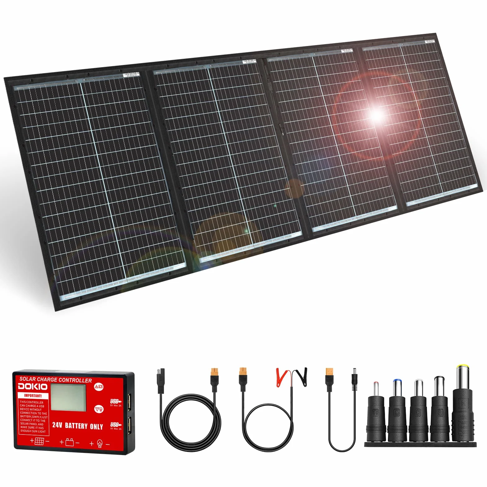 DOKIO Monokrystaliczny panel słoneczny, składany, 200 W, 36 V, z regulatorem ładowania słonecznego i kablem do akumulatora samochodowego 24 V, AGM, akumulatora żelowego, baterii kwasowej, plug and