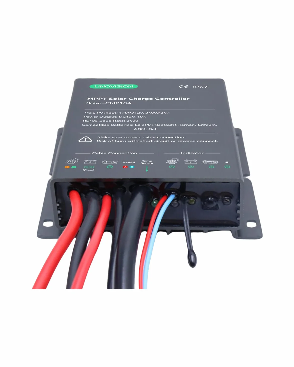 LINOVISION Kontroler ładowania słonecznego MPPT 12V/24V 10A ze zdalnym sterowaniem RS485 i dostępem do chmury dla systemu kamer zasilanych energią słoneczną, oświetlenia ulicznego, przyczepy solarnej