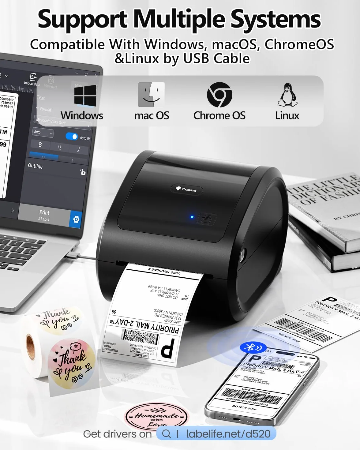 Phomemo 520BT - 4x6 termiczna drukarka etykiet Bluetooth do DHL, UPS, wysyłka paczek, kompatybilna z małymi firmami, ebay i Amazon
