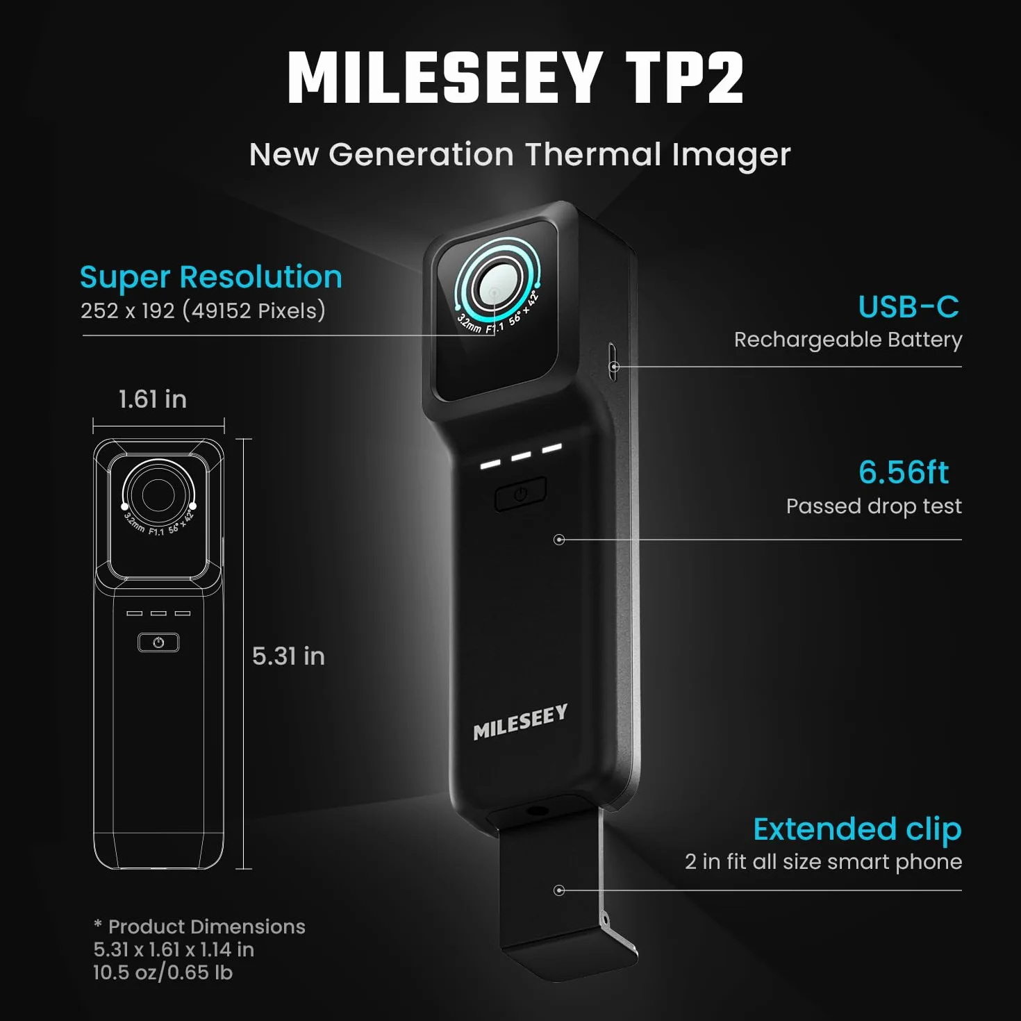 MILESEEY TP2 kamera termowizyjna 256x192 -4°F~1022°C 40 mk iOS Android