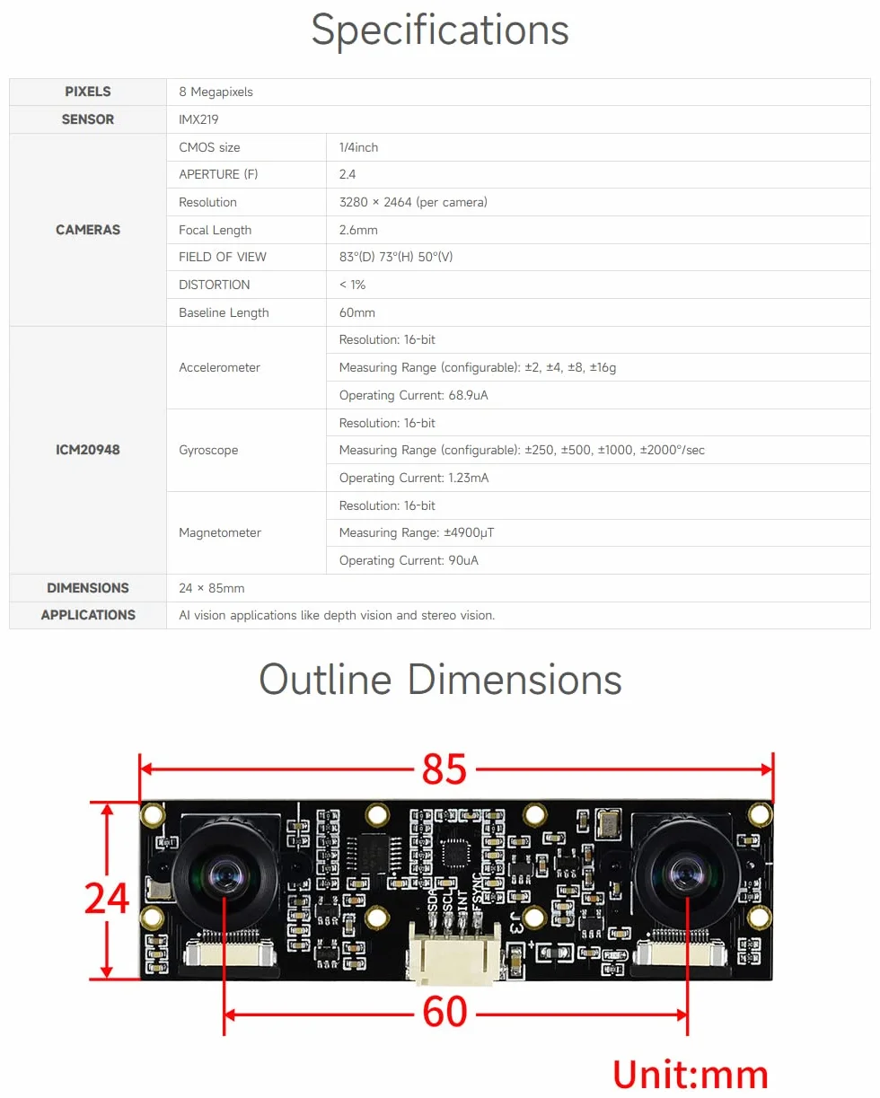 Waveshare IMX219-83 Stereo Camera 8MP Binocular Camera Module Stereo Vision Depth Vision Applicable for Jetson Nano Developer Kit B01 and Raspberry Pi CM3/CM3+ Expansion Board