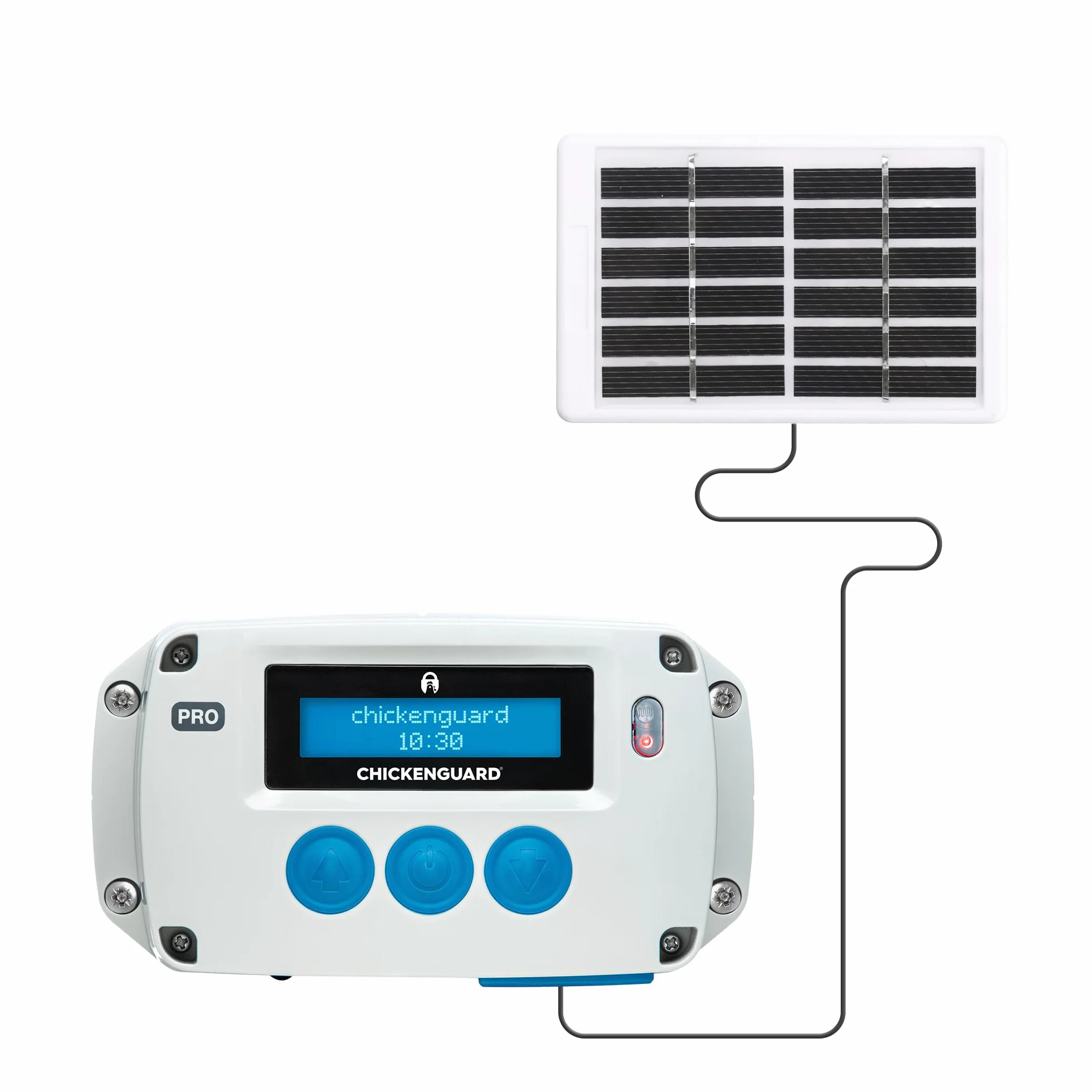 Automatyczne otwieranie drzwi kurnika, timer ChickenGuard "PRO Solar" / czujnik światła, mocny silnik podnosi drzwi/klapy do 2 kg, zestaw paneli słonecznych w zestawie (drzwi nie są dołączone)