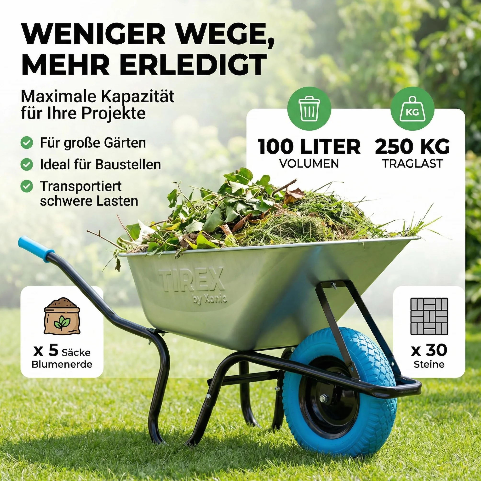 TIREX by Xonic® taczka ze stalową felgą – ocynkowana wanna do 250 kg/ 100 l – solidne wykonanie do ogrodu i na budowę – wózek przesuwny z kółkiem z pełnej gumy PU (ciemnoniebiesko-czarna)