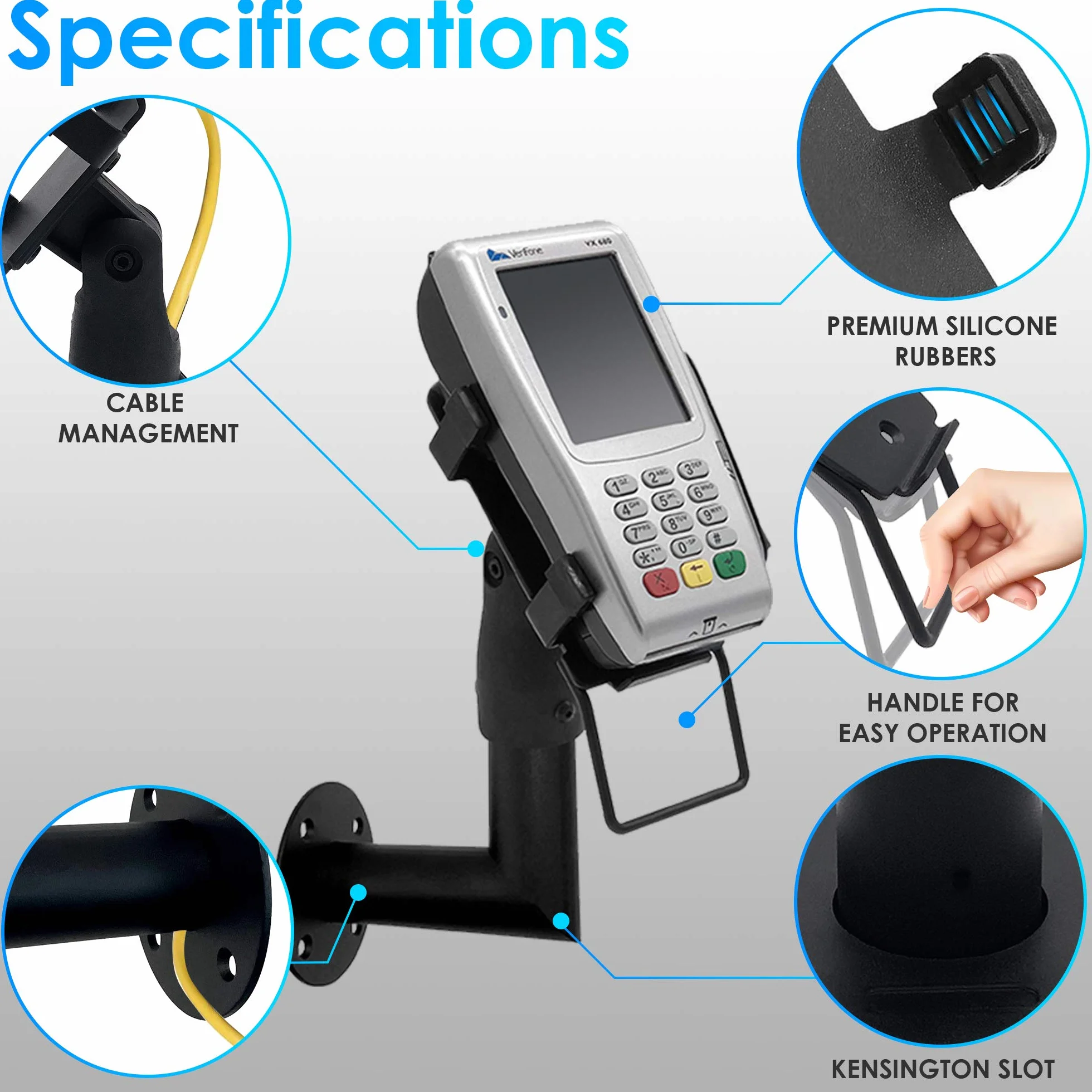 Ergonomiczny uchwyt do terminala płatniczego VeriFone VX 680 - uchwyt terminala płatniczego z uchwytem, obrót o 180°, nachylenie 45°, montaż od ściany do ściany