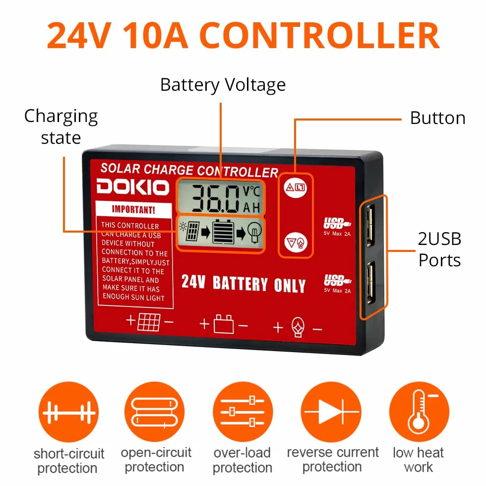 DOKIO Monokrystaliczny panel słoneczny, składany, 200 W, 36 V, z regulatorem ładowania słonecznego i kablem do akumulatora samochodowego 24 V, AGM, akumulatora żelowego, baterii kwasowej, plug and