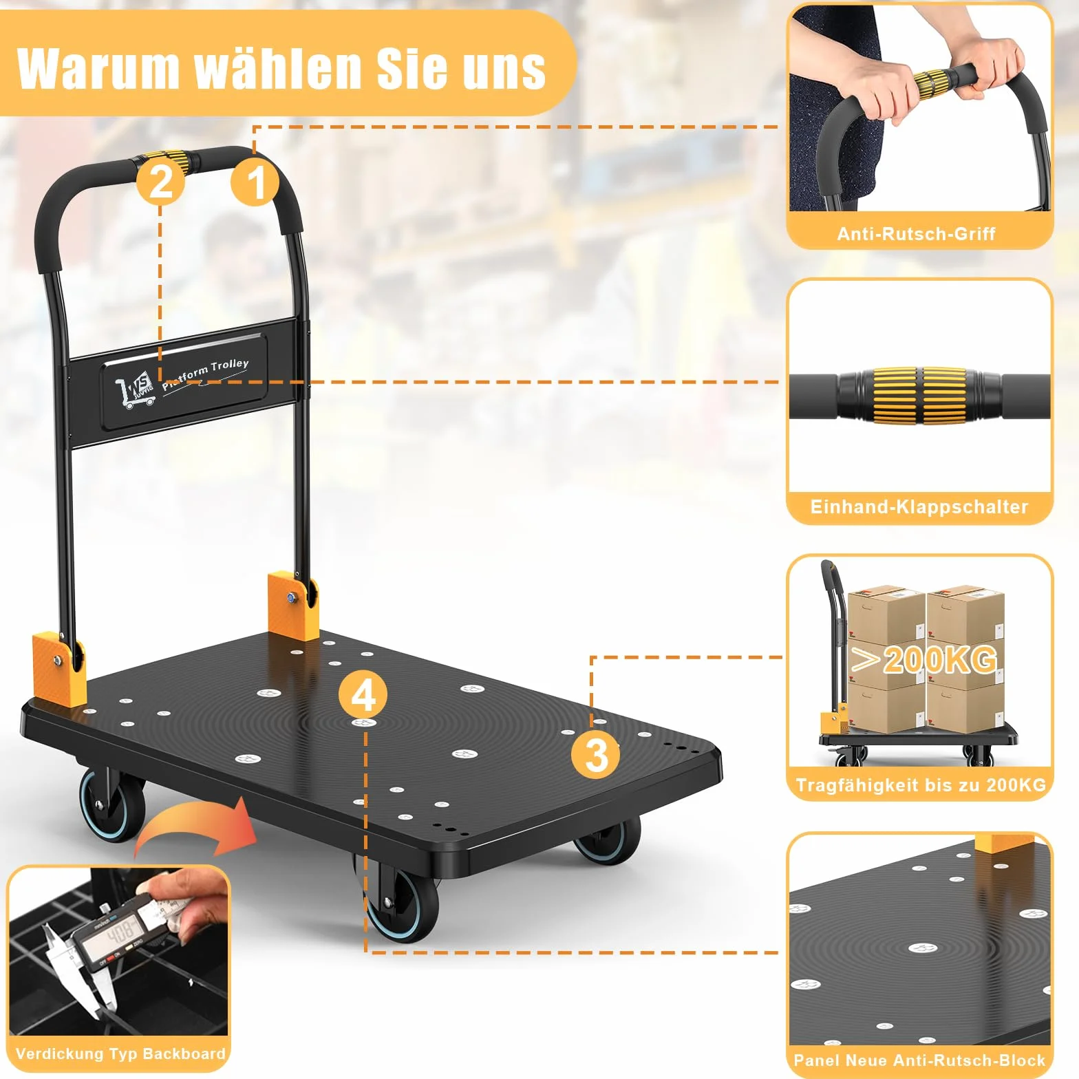N&S Juvyig Wózek transportowy, składany jedną ręką, wózek platformowy, 200 kg, cichy wózek (żółty, mały rozmiar)