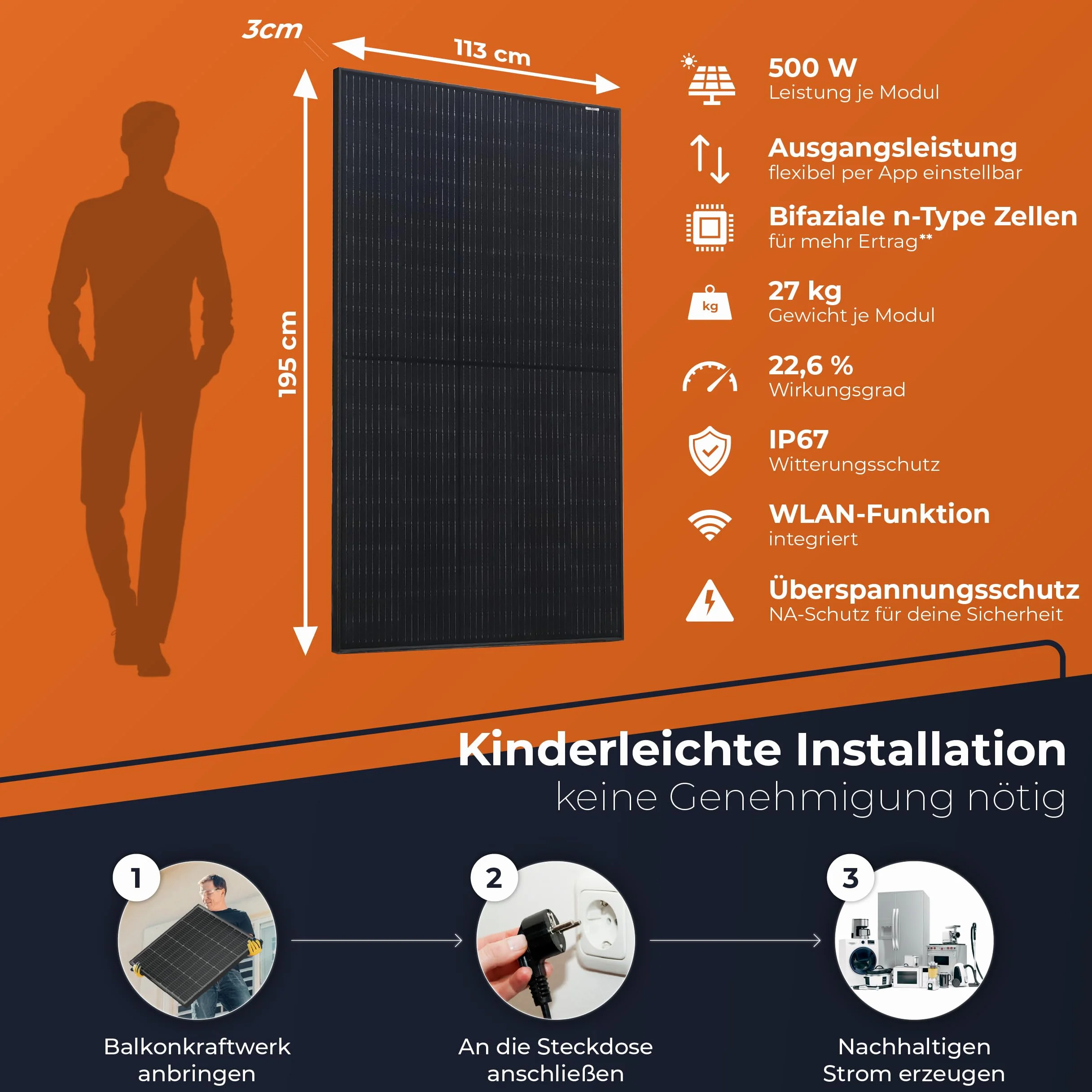 Solarway Panel słoneczny 500 W, Full Black, dwufazowy, szklany/szklany panel PV z pozytywną tolerancją mocy 0-5 W, typ N, odpowiedni do elektrowni balkonowych