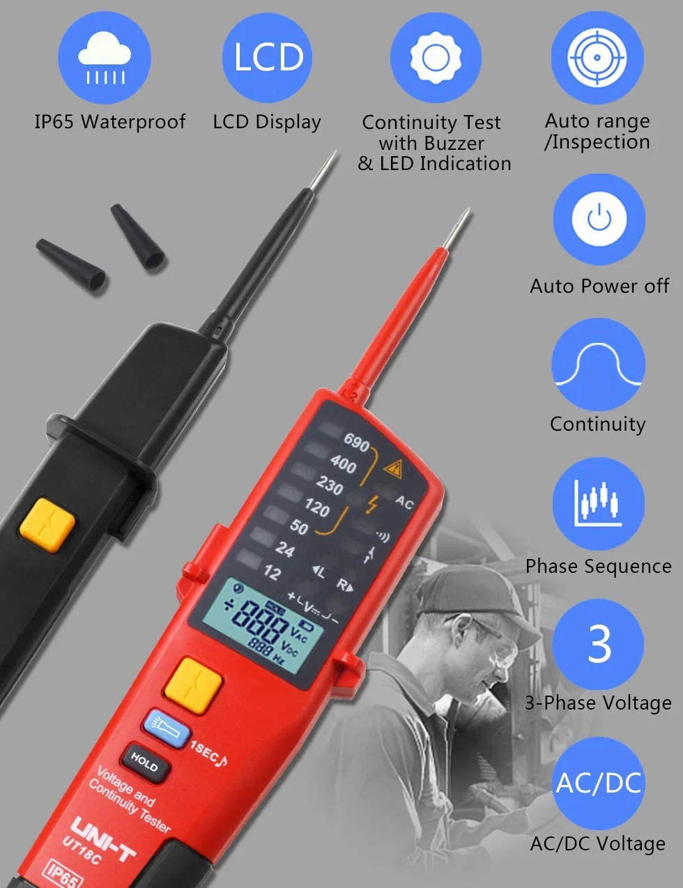 UNI-T UT18C Tester napięcia i ciągłości - Cyfrowy LCD Tester Automatyczne wykrywanie napięcia Zakres Zakres z wyświetlaczem LED