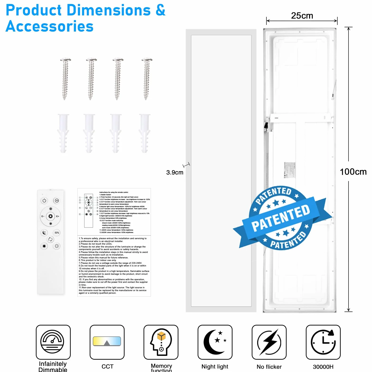 Oraymin Lampa sufitowa LED, panel 100 x 25 cm, 30 W, 3300 lm, CCT, prostokątna, lampa sufitowa LED, ściemniana, 3000-6500 K, lampa dzienna, lampa do salonu, sypialni, kuchni