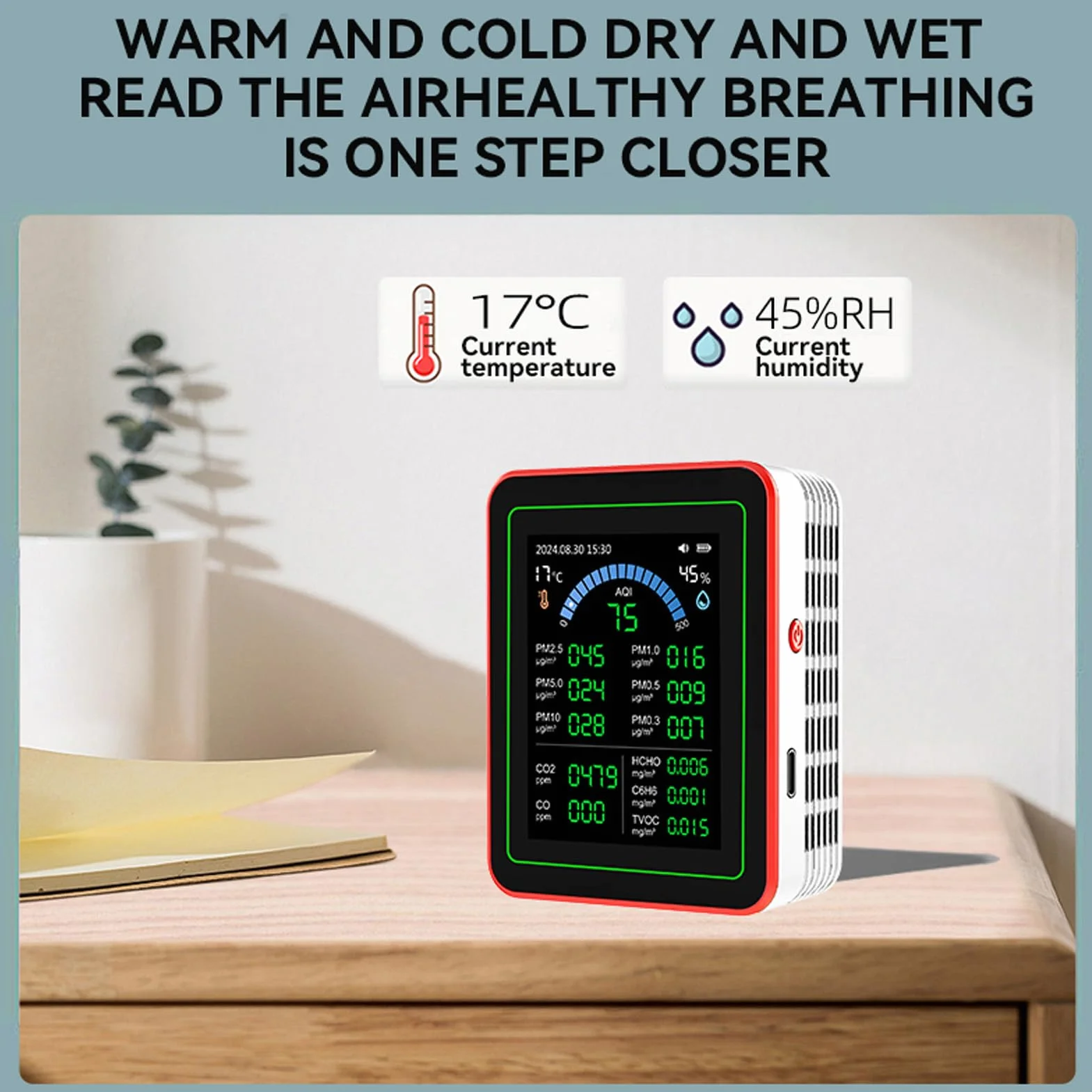 18 w 1 Tester Jakości Powietrza do Domu, Monitor Jakości Powietrza w Pomieszczeniach, z Indeksem Jakości Powietrza, CO2, HCHO, TVOC, PM5.0, PM0.3, PM1.0, PM2.5, PM10 itd.
