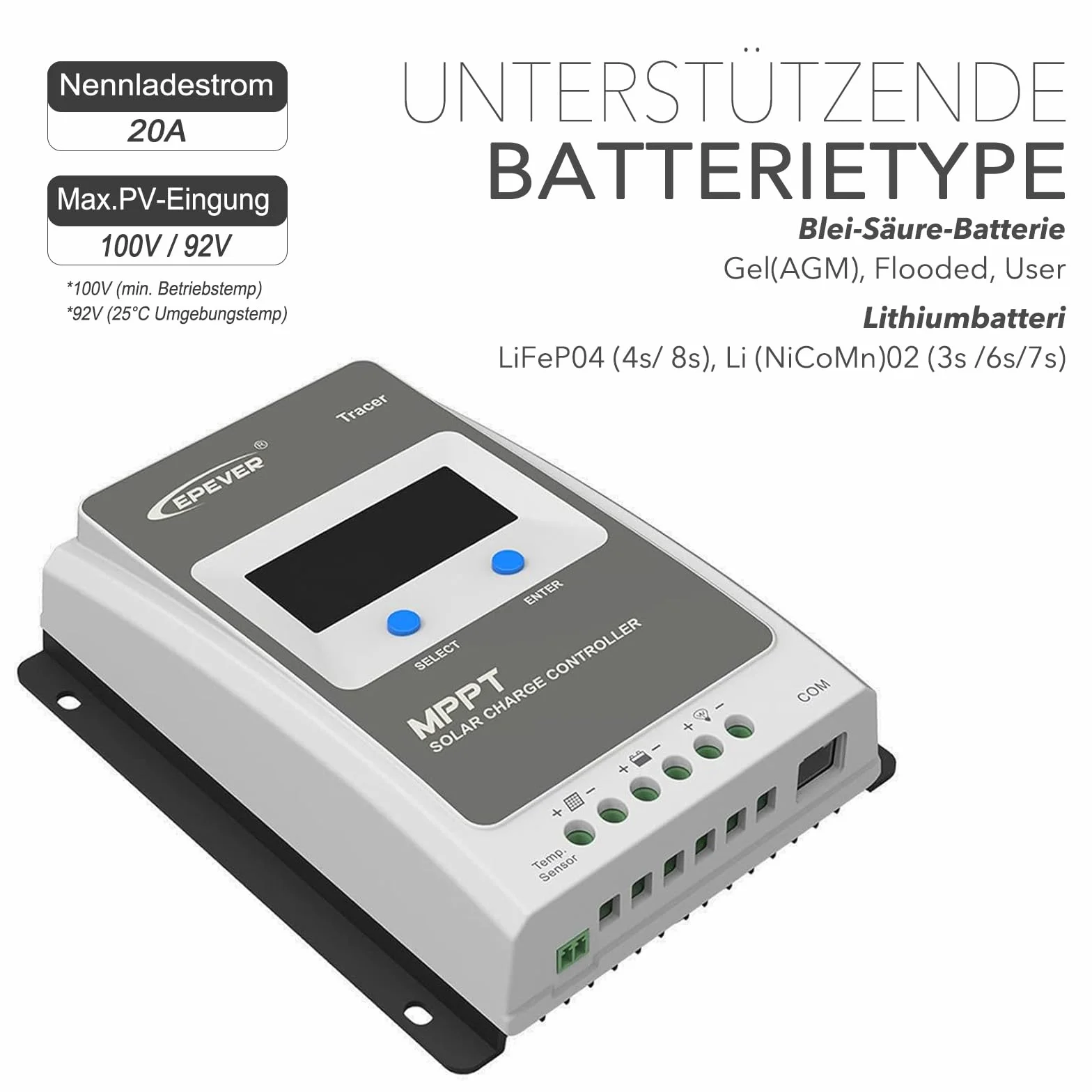 EPEVER® MPPT Tracer-AN G3 – Tracer2210AN G3 Regulator Ładowania, 20A, 12/24VDC auto work, PV 100V, Wyświetlacz LCD, Wspólne uziemienie ujemne