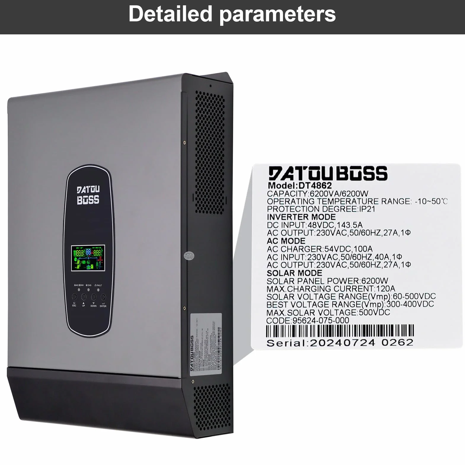 DATOUBOSS 6200 W hybrydowy falownik 48 V, 48 V DC do 220/230 V, hybrydowy falownik słoneczny 48 V, czysta fala sinusoidalna, obsługuje pracę bez baterii, z 120 A MPPT do akumulatorów