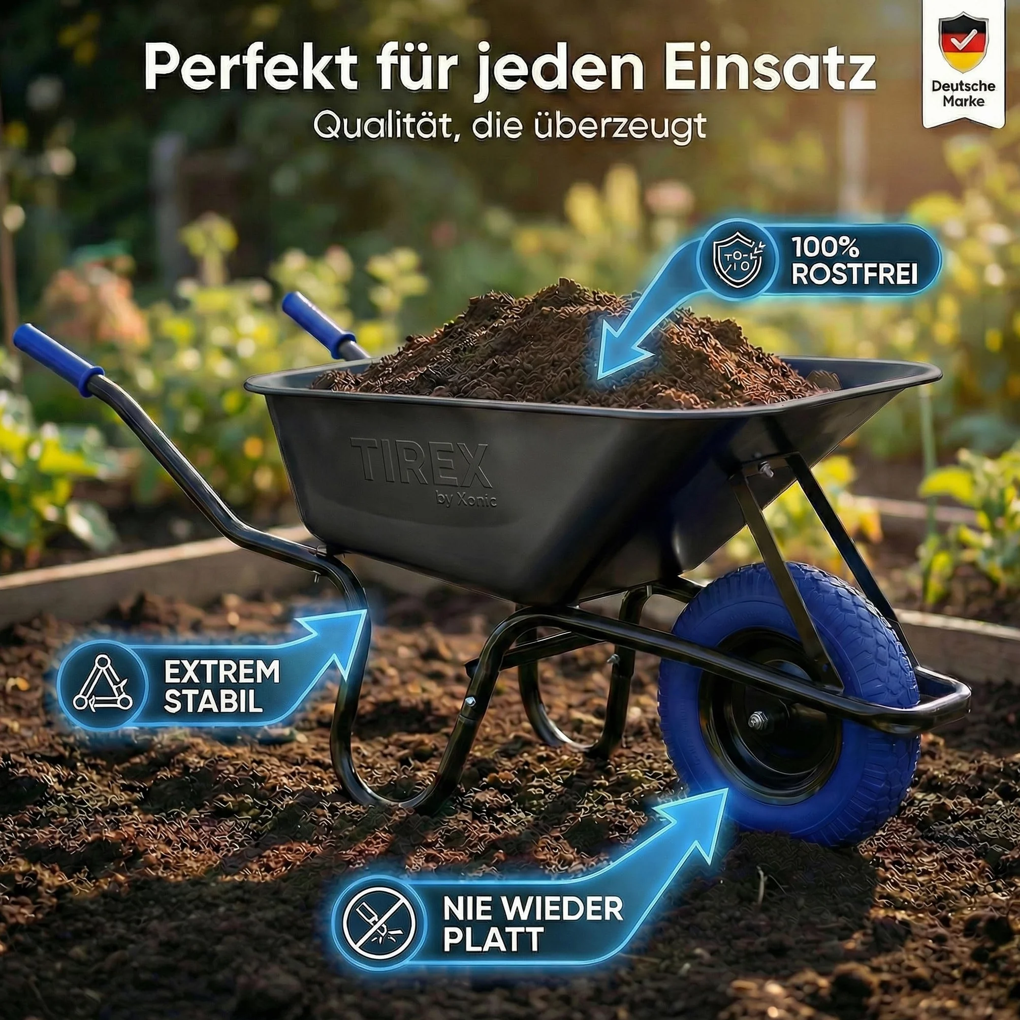 TIREX by Xonic® taczka ze stalową felgą – ocynkowana wanna do 250 kg/ 100 l – solidne wykonanie do ogrodu i na budowę – wózek przesuwny z kółkiem z pełnej gumy PU (ciemnoniebiesko-czarna)