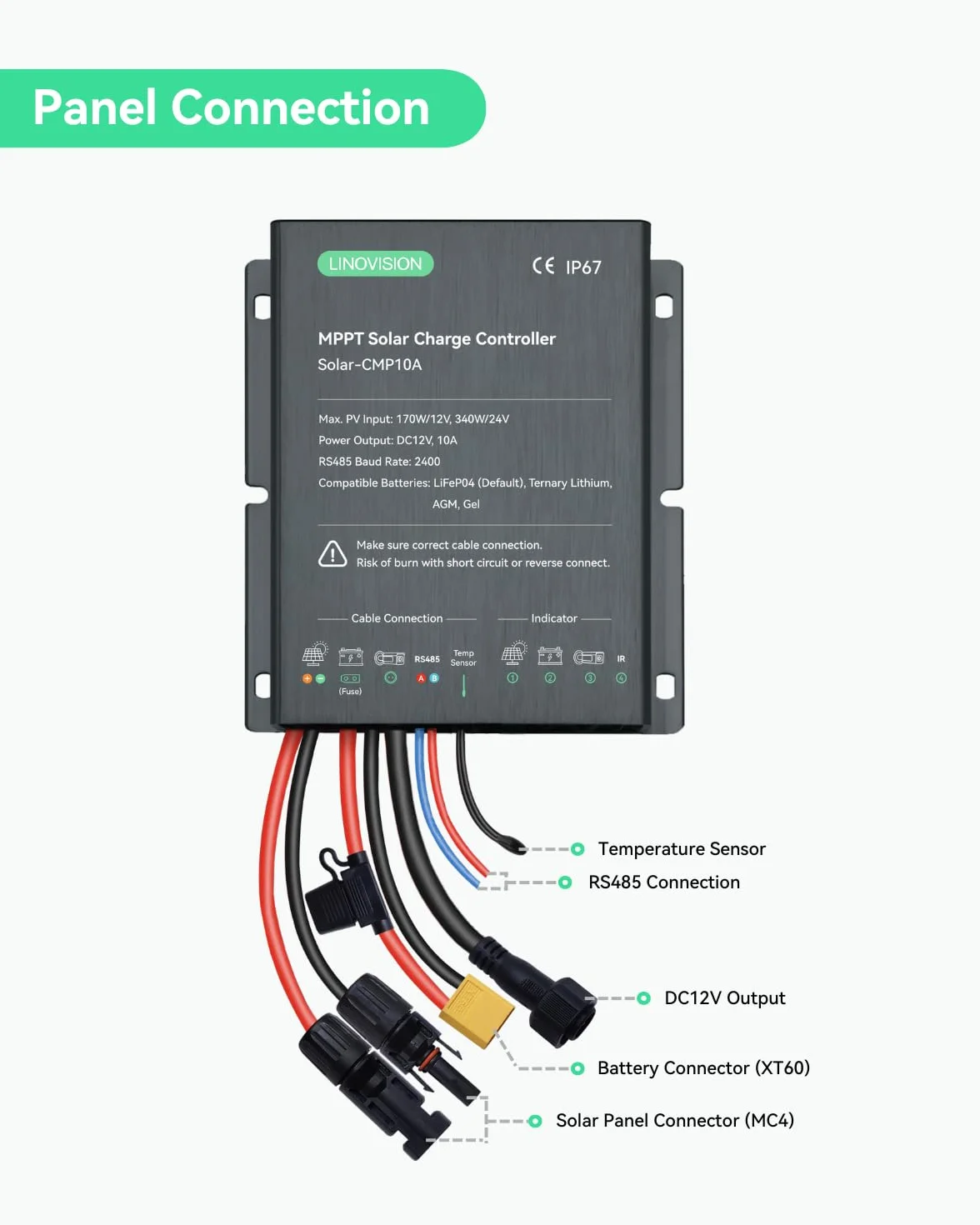 LINOVISION Kontroler ładowania słonecznego MPPT 12V/24V 10A ze zdalnym sterowaniem RS485 i dostępem do chmury dla systemu kamer zasilanych energią słoneczną, oświetlenia ulicznego, przyczepy solarnej