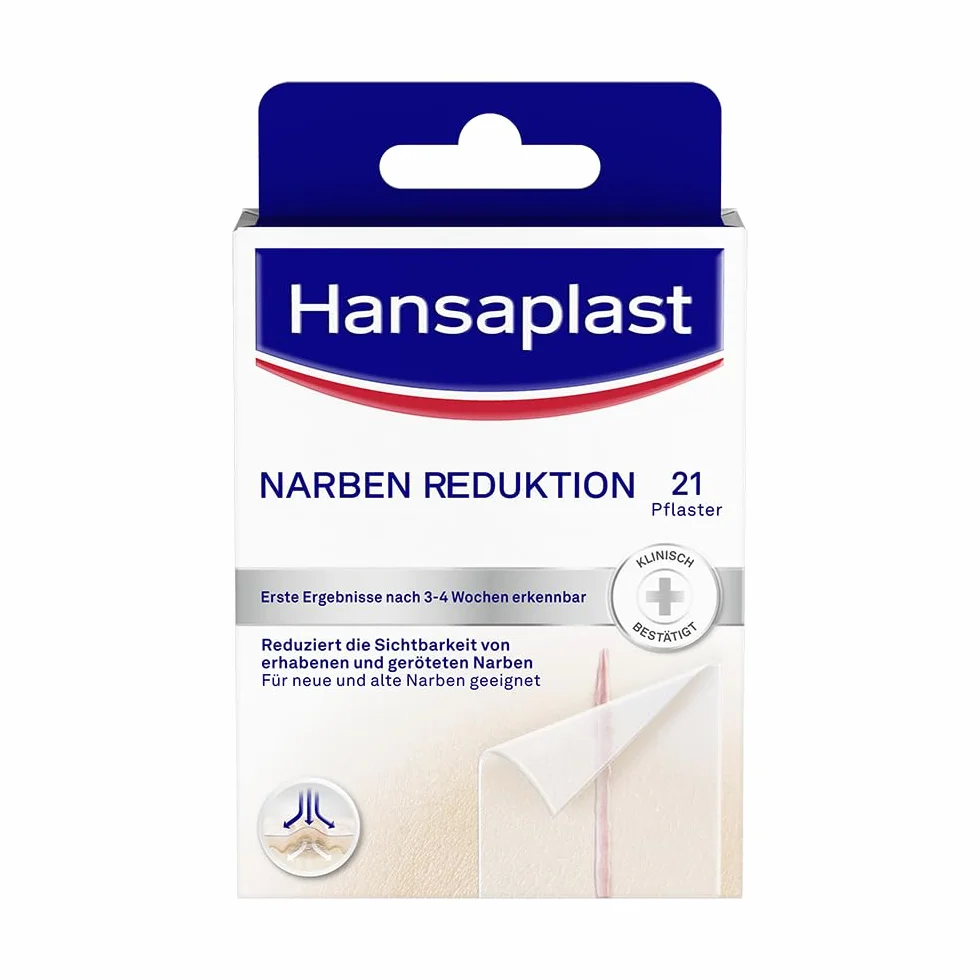 Hansaplast Plaster na blizny, zmniejsza ich widoczność, sprawia, że blizny są trwale płaskie, jaśniejsze i bardziej miękkie, 1 x 21 sztuk (3,8 cm x 6,8 cm)