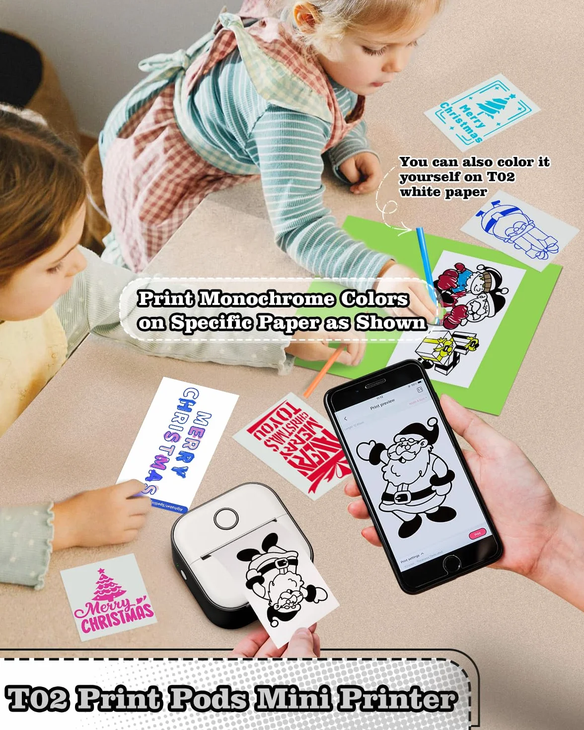 Print Pods Mini Printer - Drukarka Naklejek T02 Przenośna Drukarka Termiczna do Tworzenia Naklejek Drukarka Kieszonkowa Bluetooth Drukarka Telefoniczna do Studiowania Schematów Graficznych, Czarna