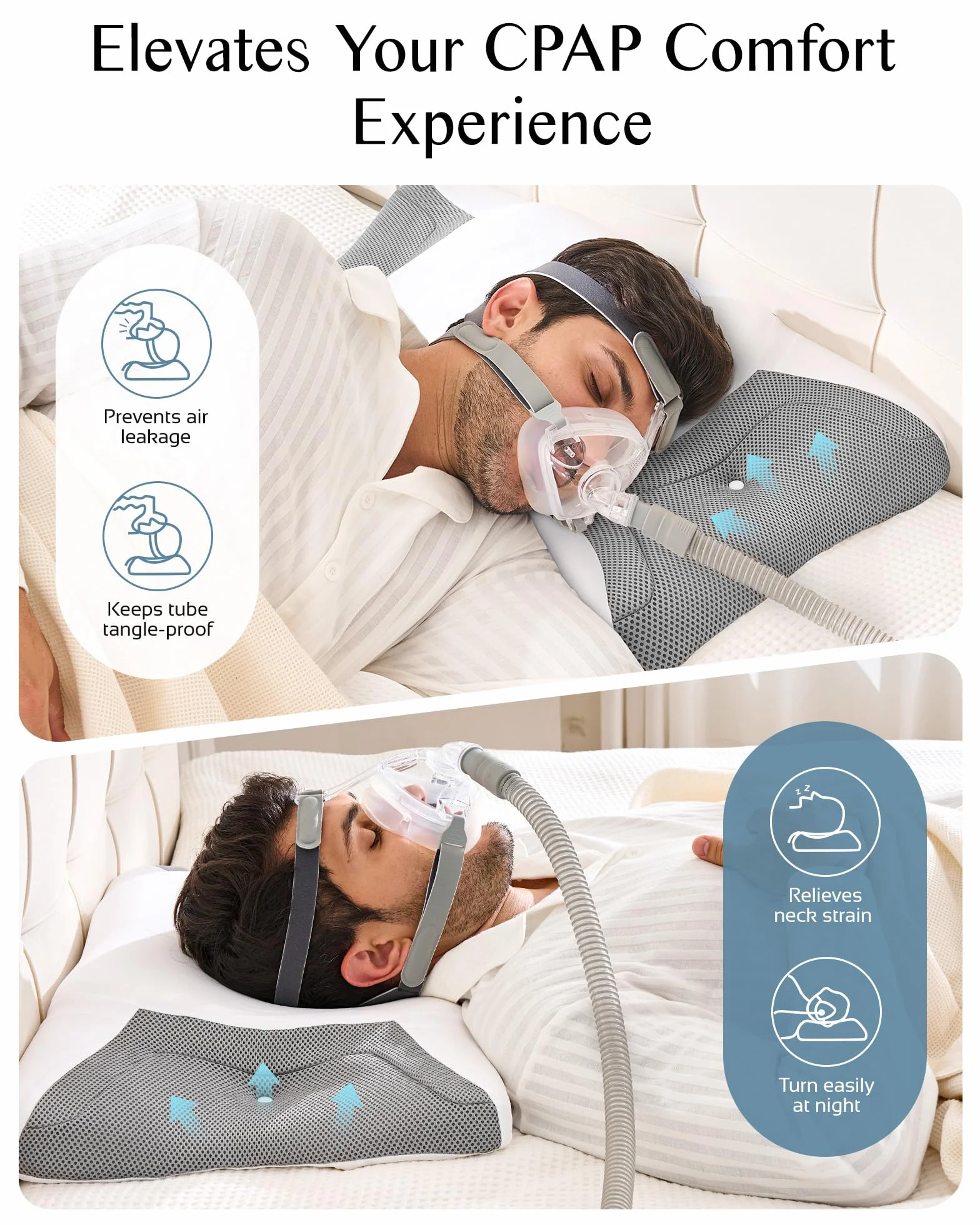 Poduszka CPAP na szyję z pianki wiskoelastycznej, ergonomiczna poduszka dla osób cierpiących na bezdech senny, z poszerzonymi rowkami bocznymi, które zmniejszają nacisk maski i wyciek powietrza