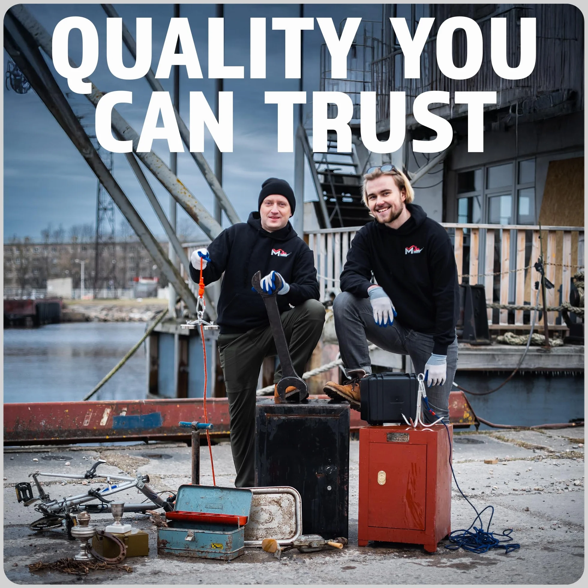 MAGFISHION Dwustronny Zestaw do Magnetycznego Wędkarstwa - Siła Przyciągania 300KG (2x 150kg) - Ø60mm - Magnes Neodymowy - Z Ciemnopomarańczową Liną (20M) & Rękawice - Magnes Ryba
