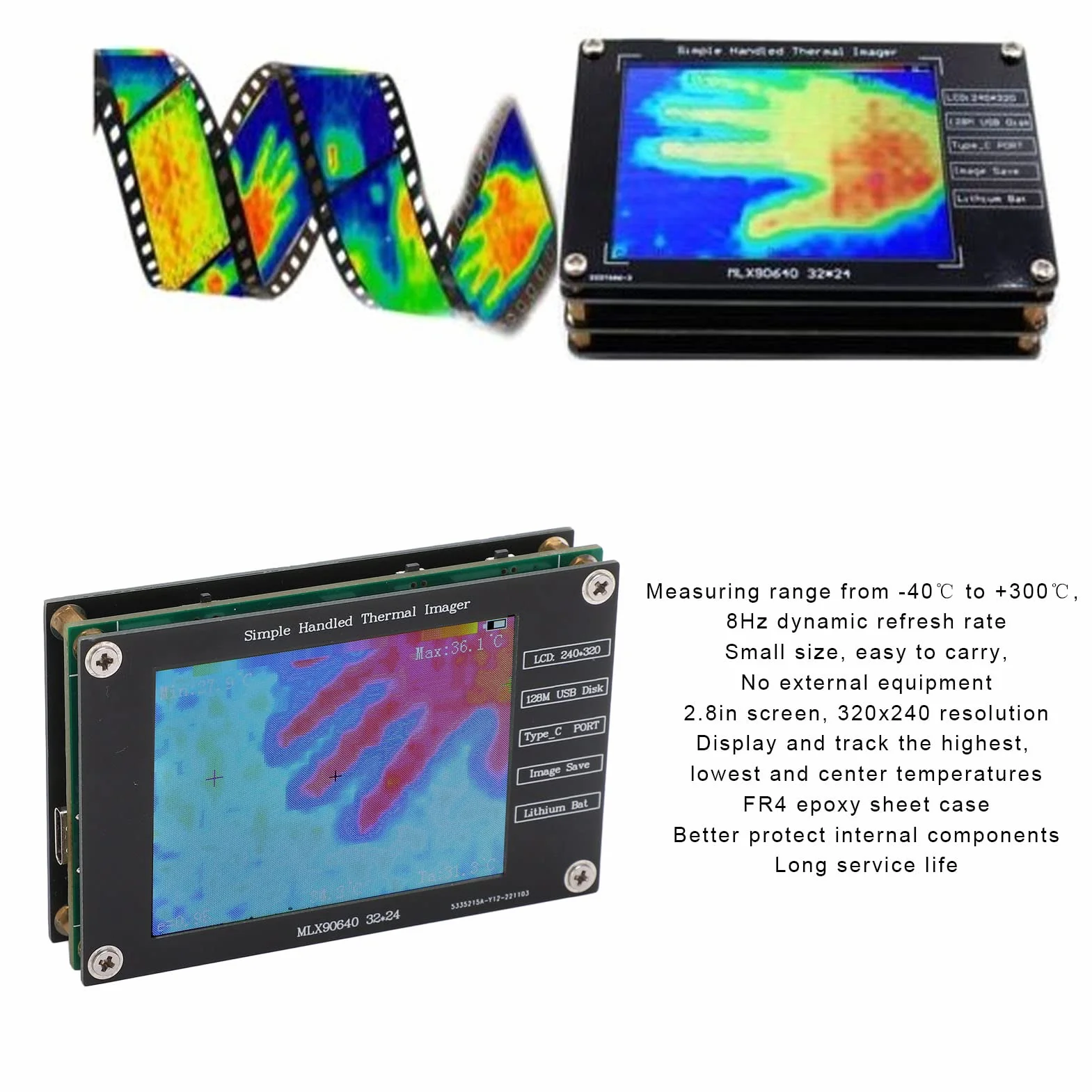 CHICIRIS Kamera Termowizyjna, Cyfrowa Kamera Termowizyjna Lcd 2,8 Cala, -40 ℃ Do 300 ℃, Wbudowany Układ Flash Spi, Ładowanie Usb-C, Przenośna Kamera Termowizyjna Do Bezkontaktowego Pomiaru Temperatury