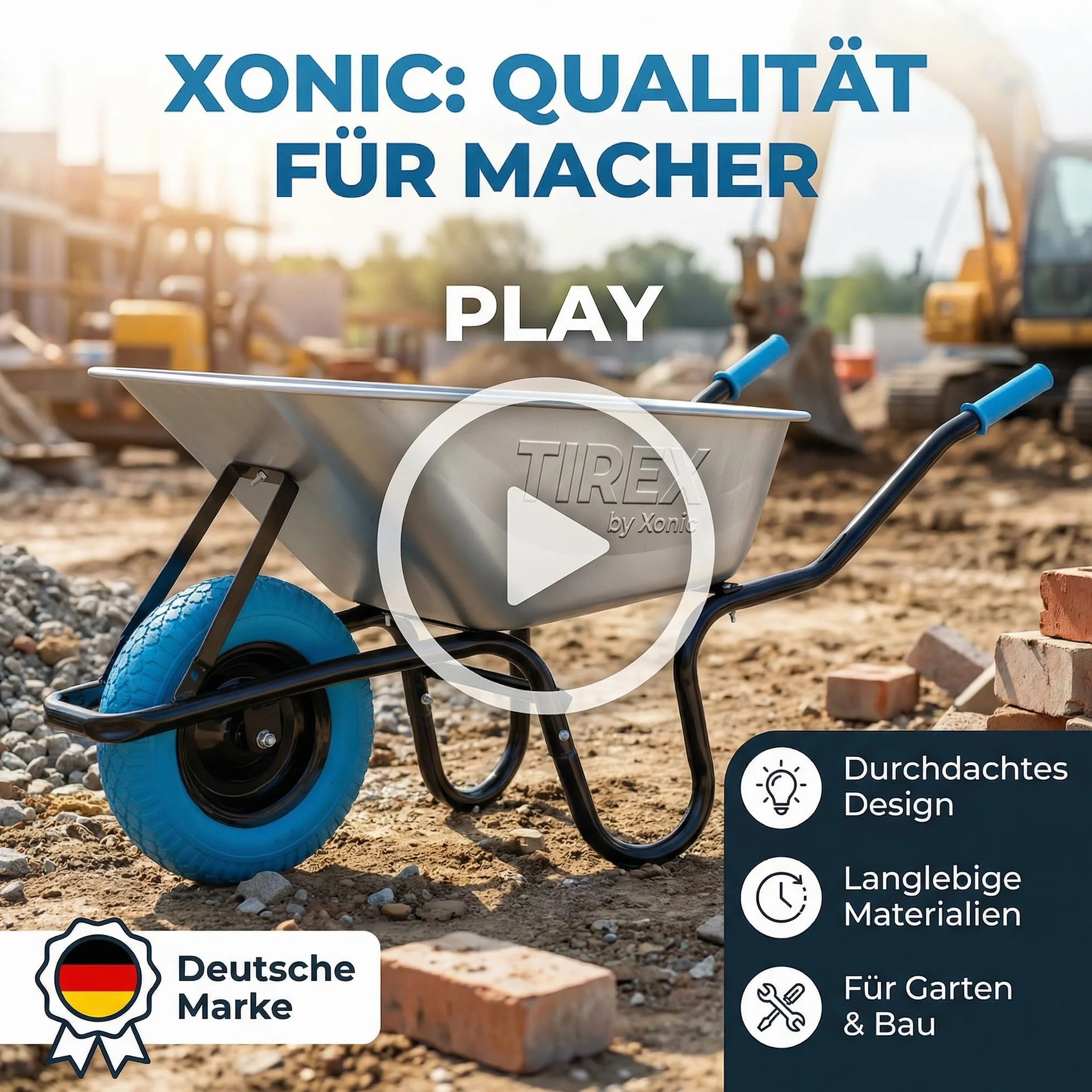 TIREX by Xonic® taczka ze stalową felgą – ocynkowana wanna do 250 kg/ 100 l – solidne wykonanie do ogrodu i na budowę – wózek przesuwny z kółkiem z pełnej gumy PU (ciemnoniebiesko-czarna)