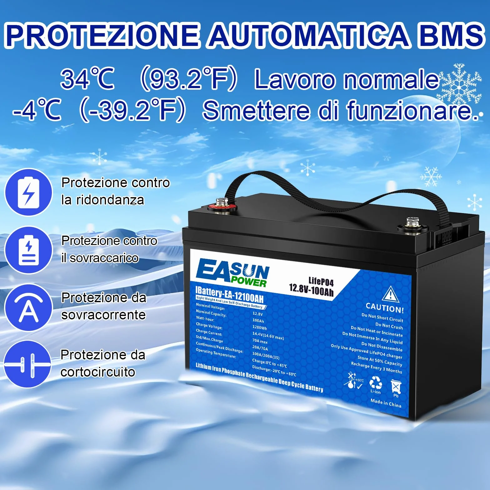 POWLAND Akumulator LiFePO4 12 V 100 Ah o głębokości ponad 6000 cykli, bateria litowa 12 V i ochrona BMS, idealny do morskich, panelu fotowoltaicznego, domu (12V 100A)