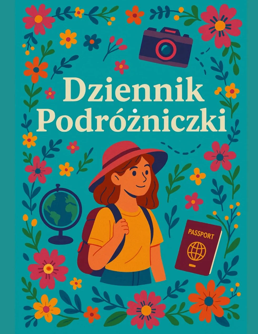 Dziennik Podróżniczki - Moje wspomnienia, rysunki i sekrety z podróży: Dziennik dla kreatywnych dziewczyn, turkusowy, format A4, na prezent, 50 podróży