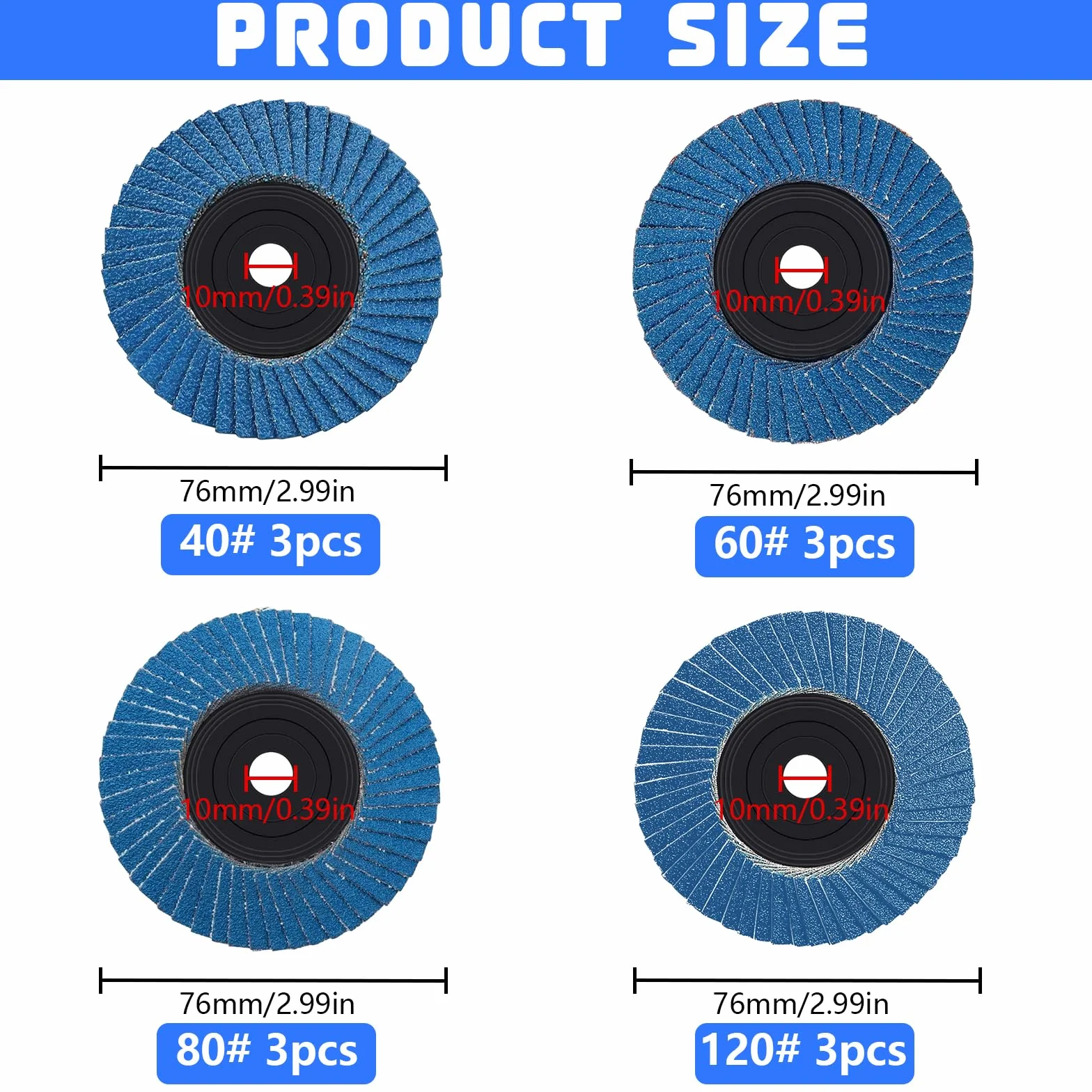 12 sztuk tarcz wachlarzowych, krążki wachlarzowe 76 mm, ziarnistość 40/60/80/120, tarcze lamelowe, odpowiednie do szlifierek kątowych i polerskich (niebieskie)
