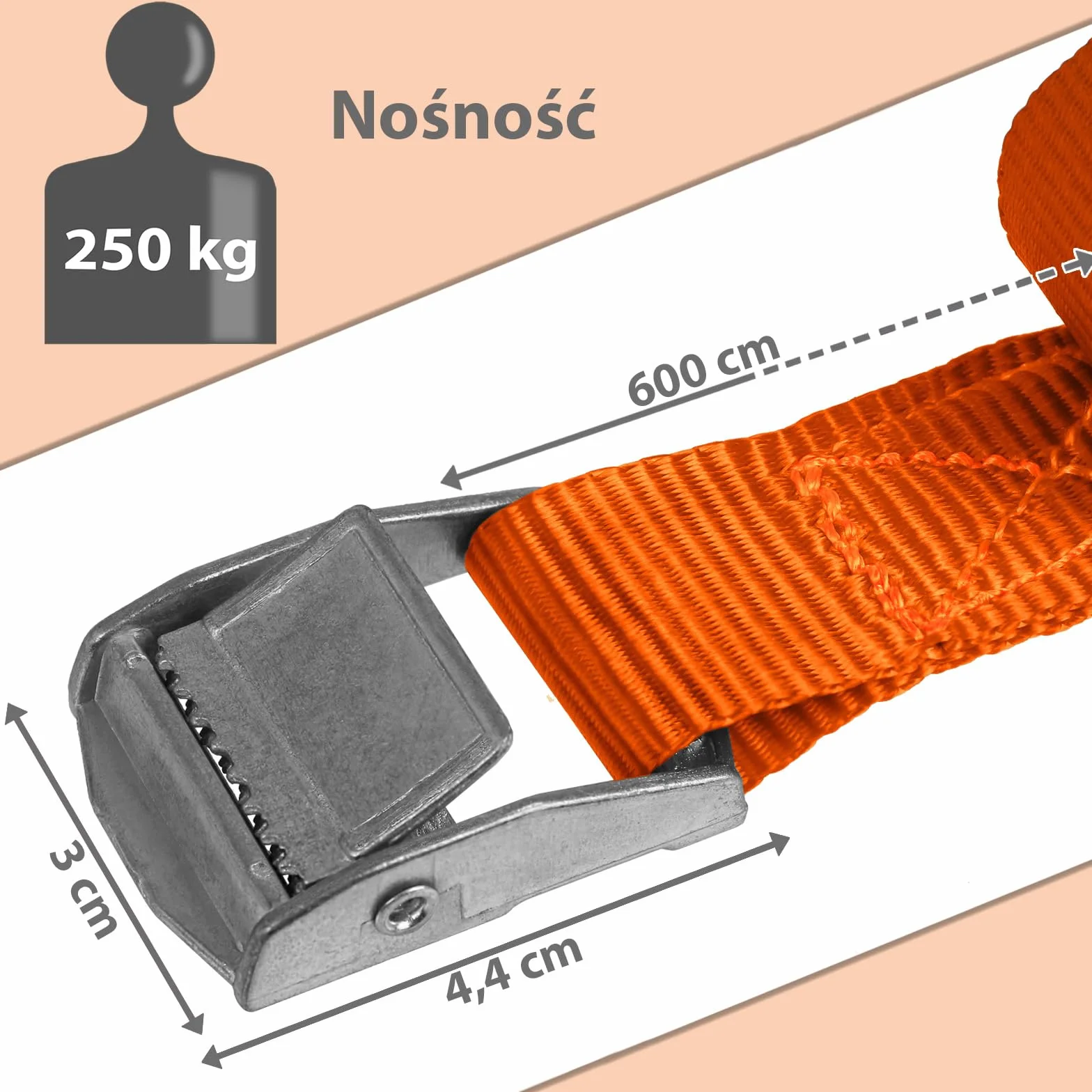 Pas mocujący pasy zabezpieczające spinające bagaż - nośność do 250 kg DIN EN 12195-2, 6 sztuk 2.5 cm x 6 m