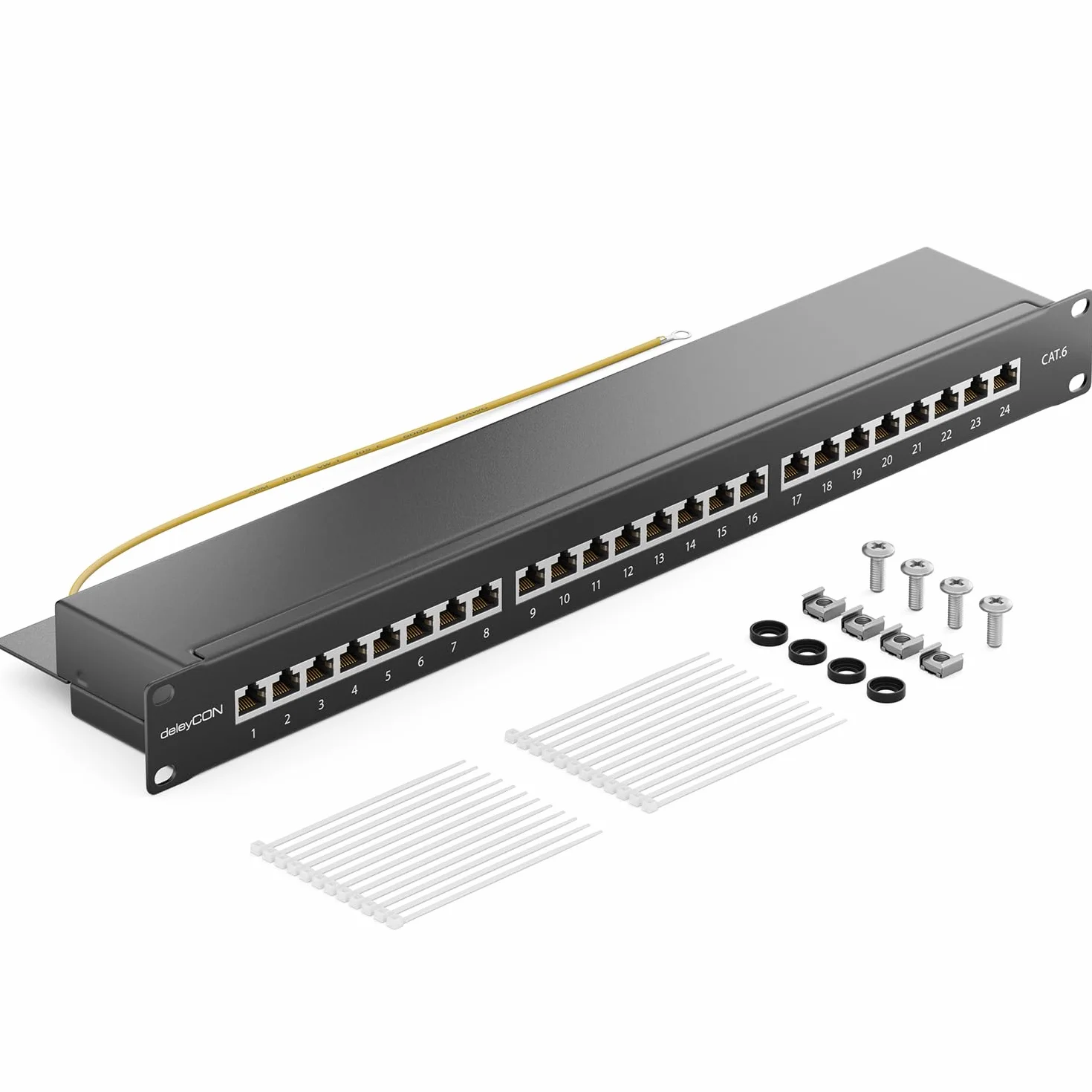 deleyCON CAT 6 Patch Panel Krosownica 24 Porty - Desktop 19 cal Rack Montaż Serwer - RJ45 - Ekranowany - TIA568A TIA568B Czarny